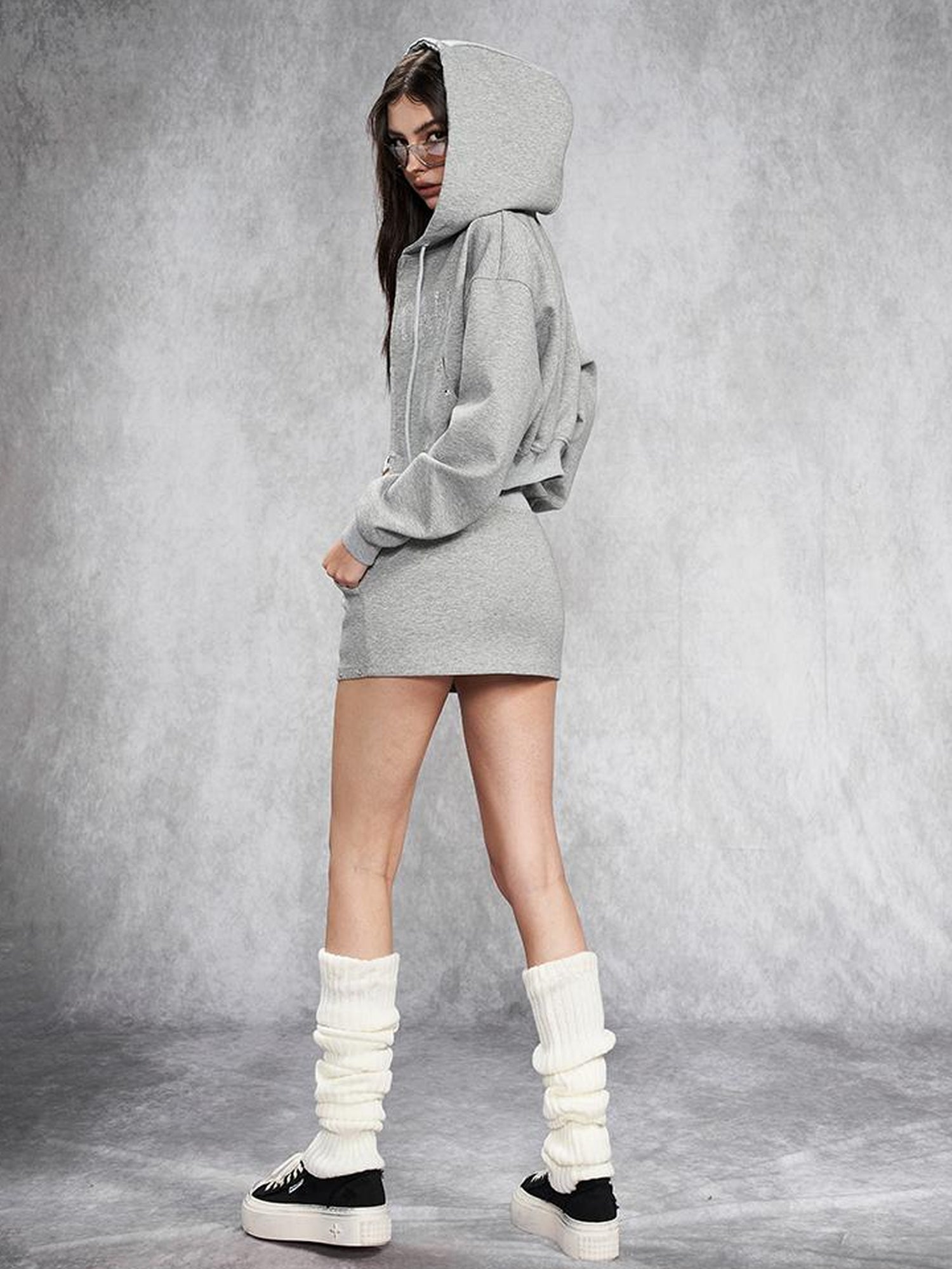 AFTADAWN Short Gray Distressed Studded Oversized Crop Hoodie Skirt Set