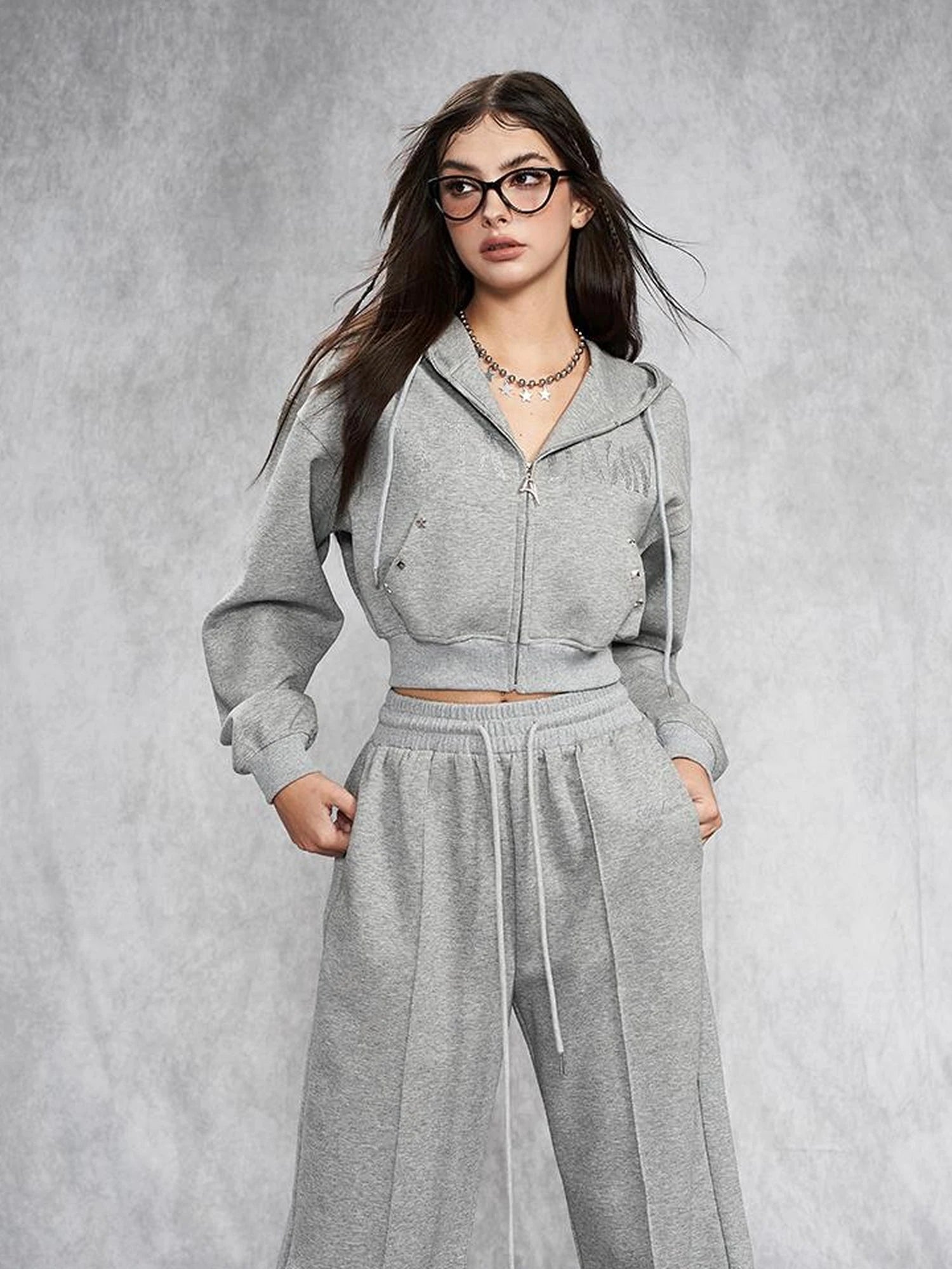 Short Gray Distressed Studded Oversized Crop Hoodie Skirt Set
