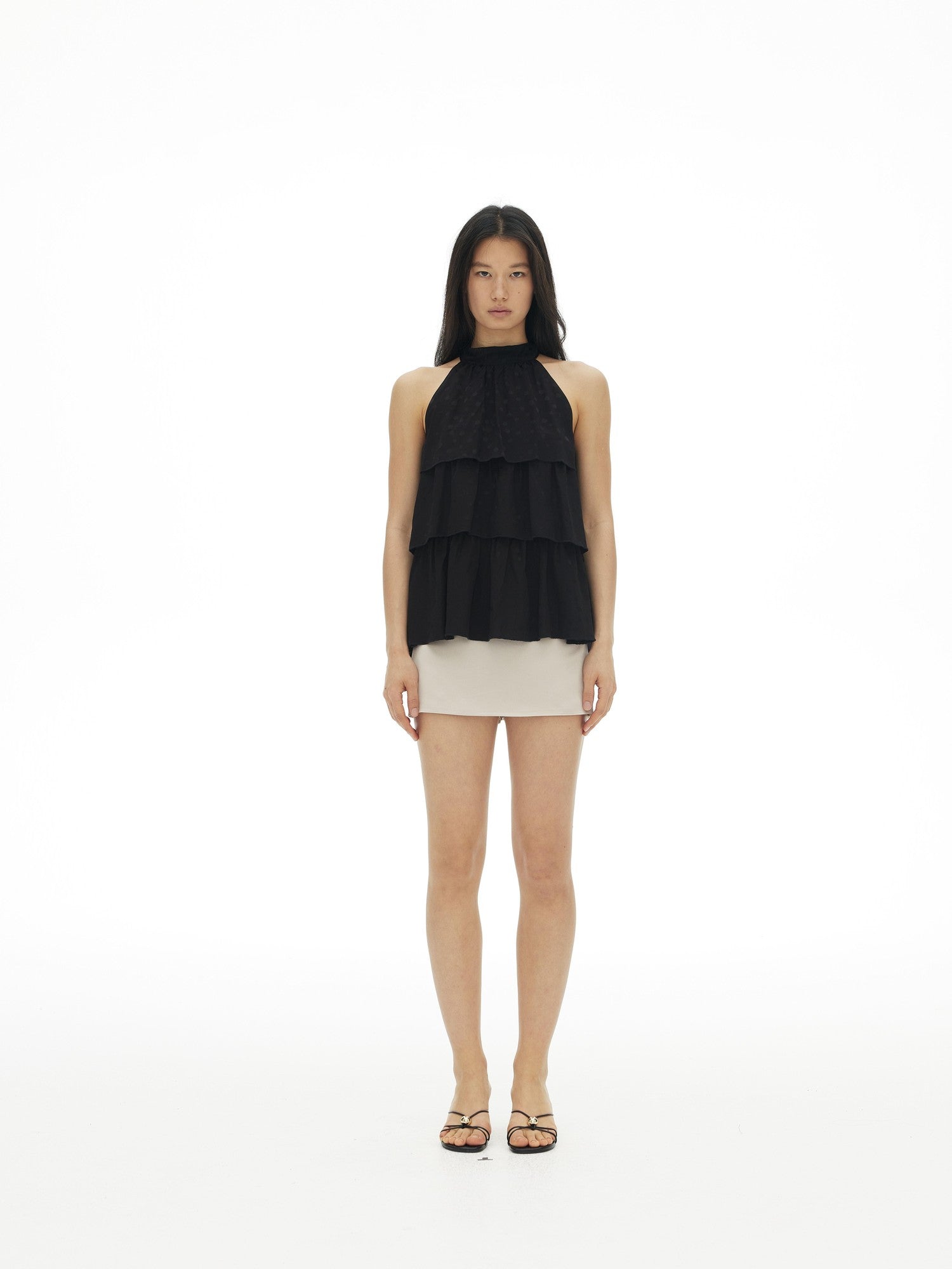 AFTADAWN Silky Satin Polka Dot Layered Ruffle High Neck Women&
