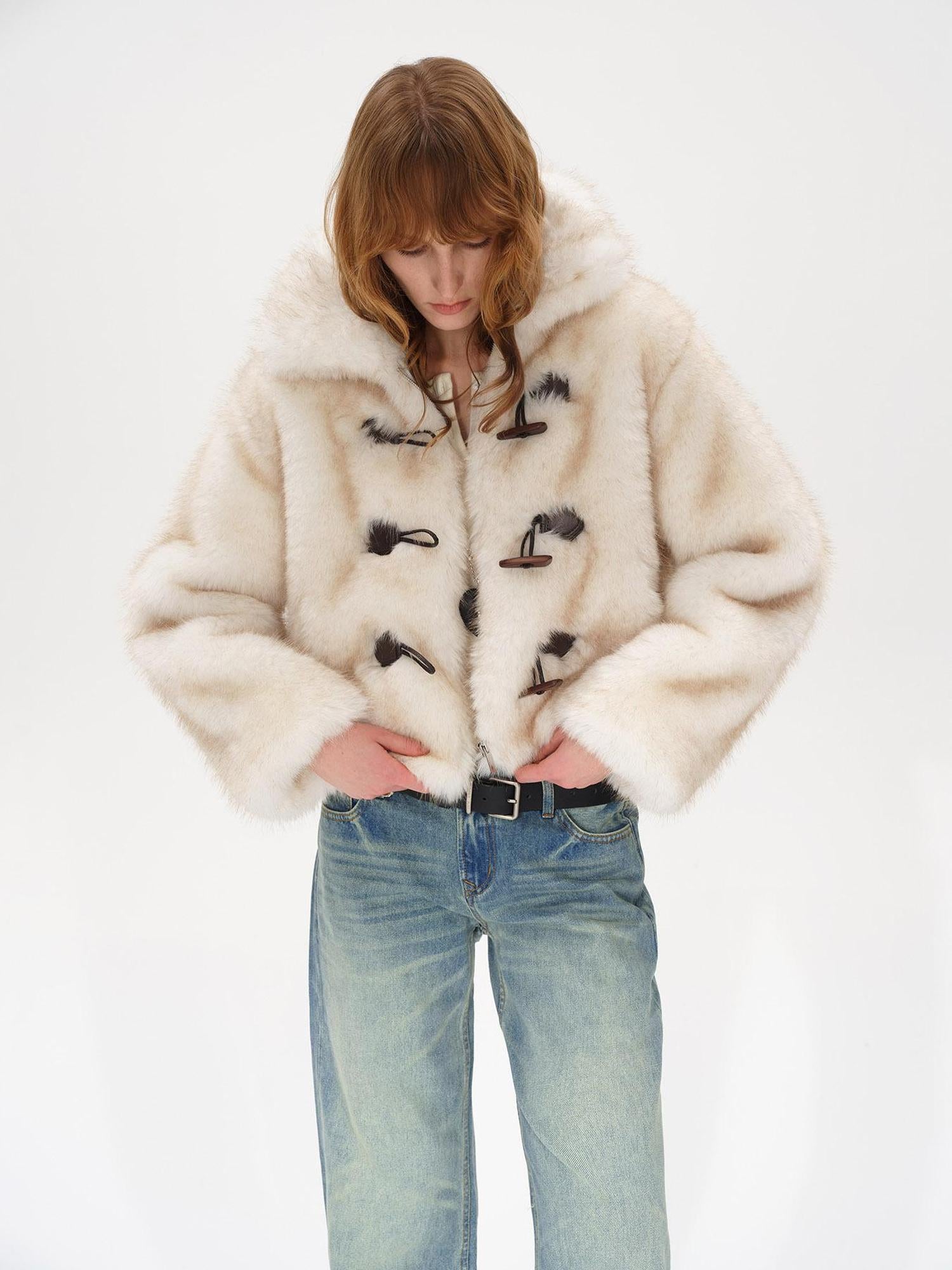 AFTADAWN Silver Fox Fur Collar Short Eco Friendly Coat