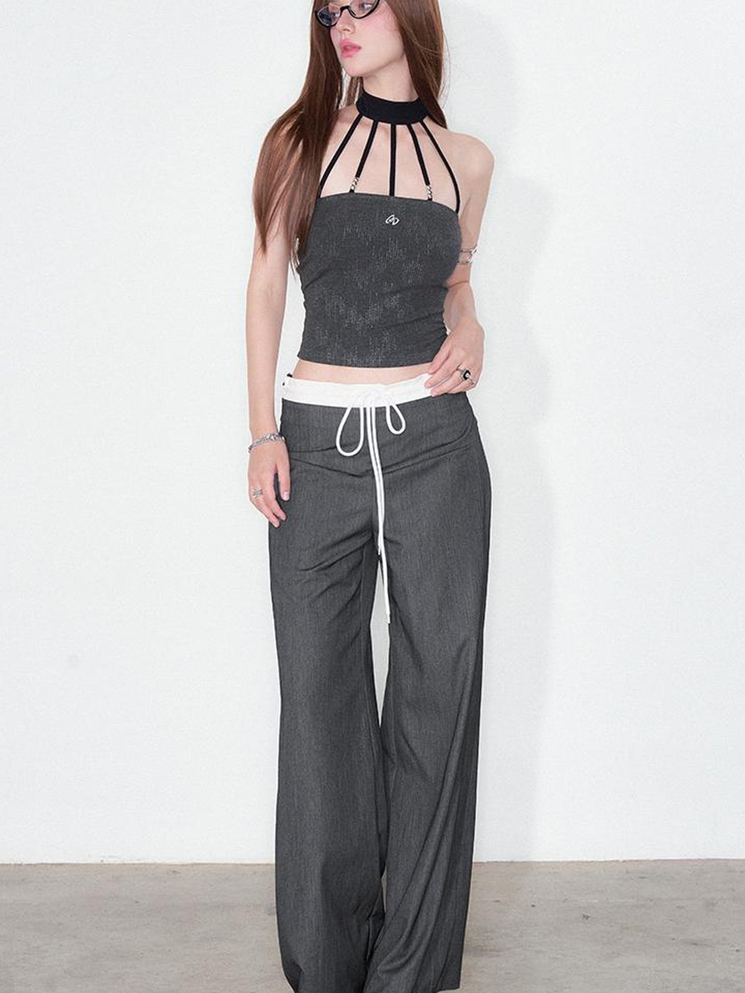 AFTADAWN Silver Neck Tank Top & Wide Leg Trousers Set