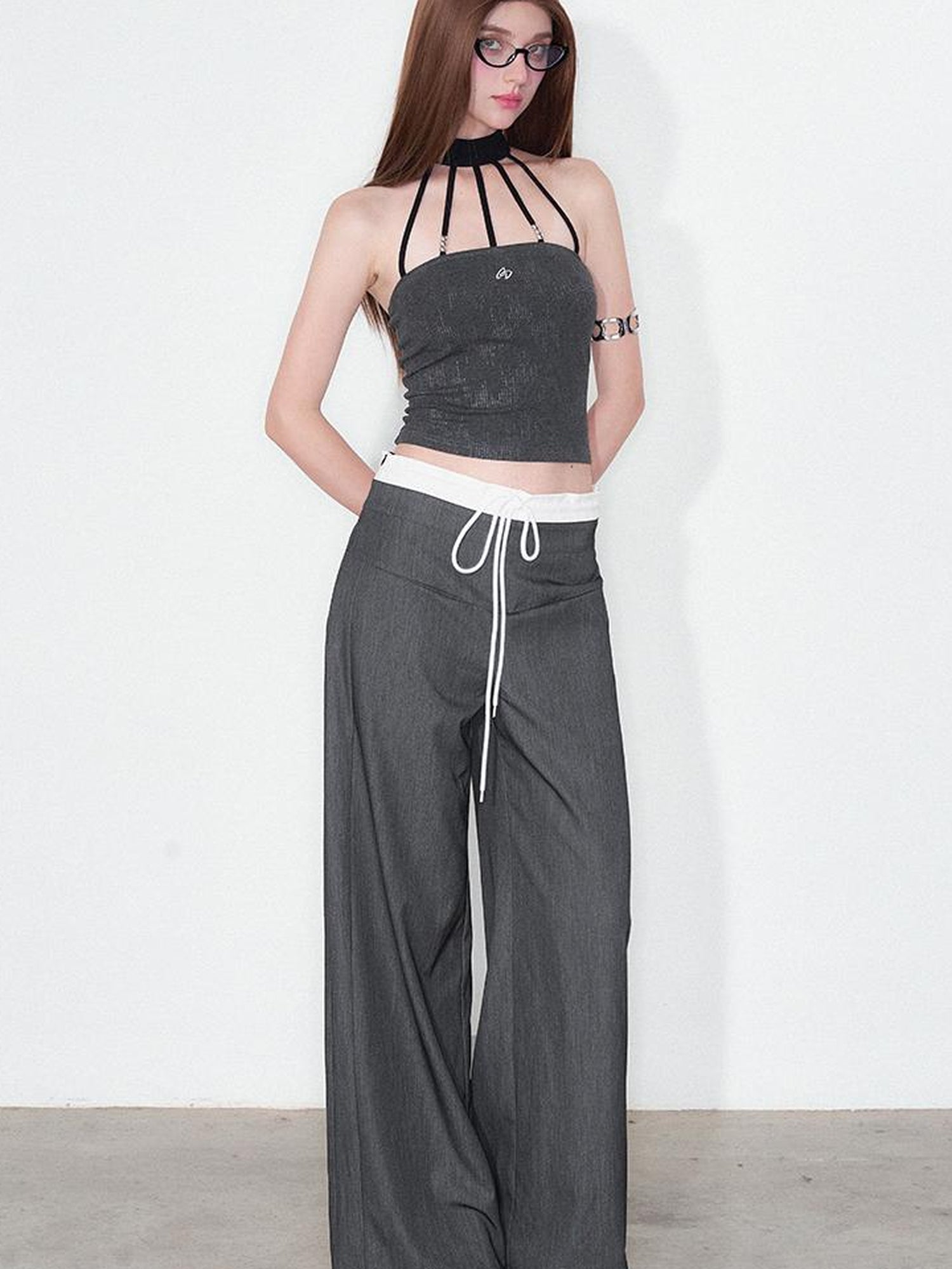 AFTADAWN Silver Neck Tank Top & Wide Leg Trousers Set