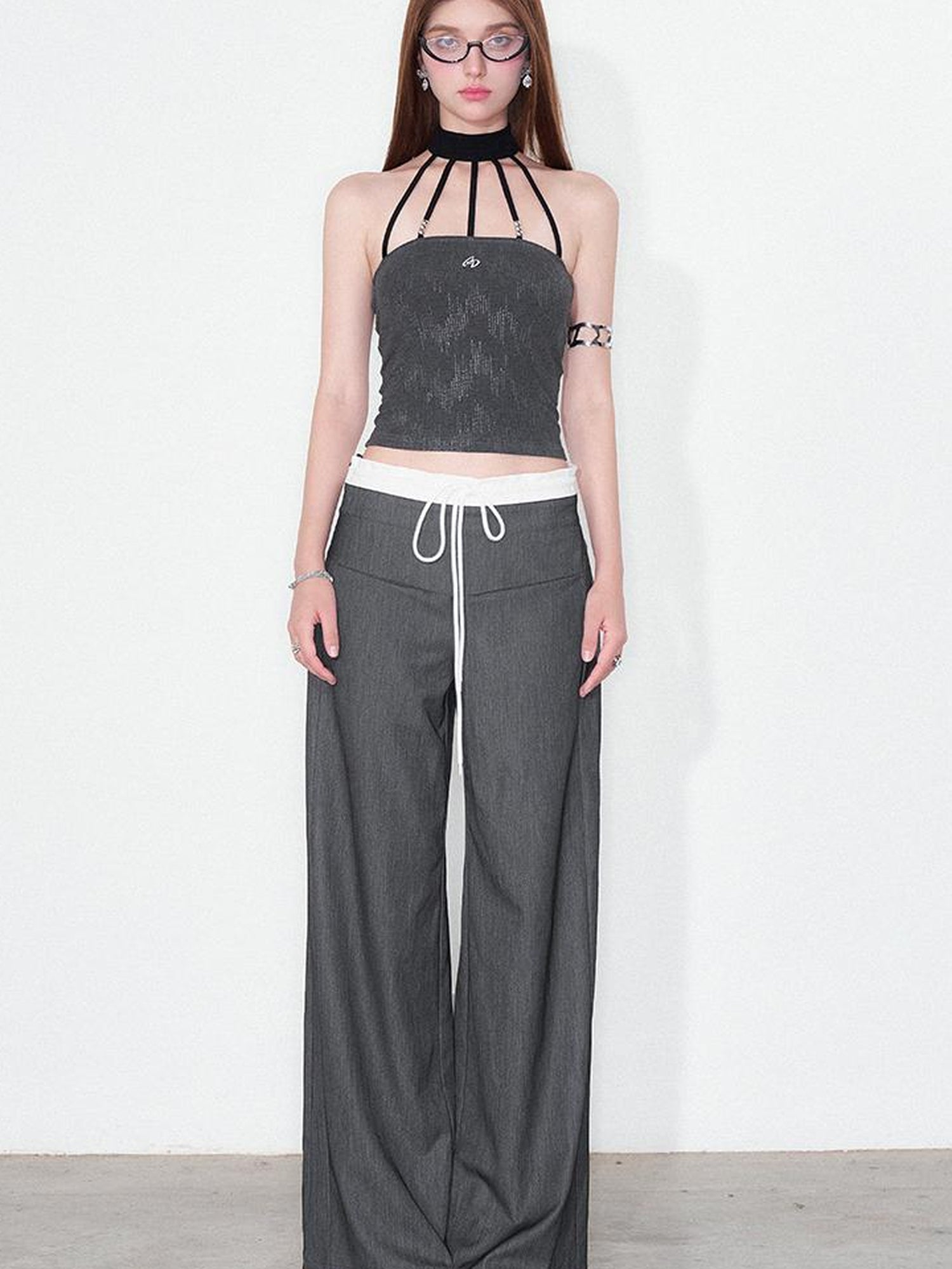 AFTADAWN Silver Neck Tank Top & Wide Leg Trousers Set