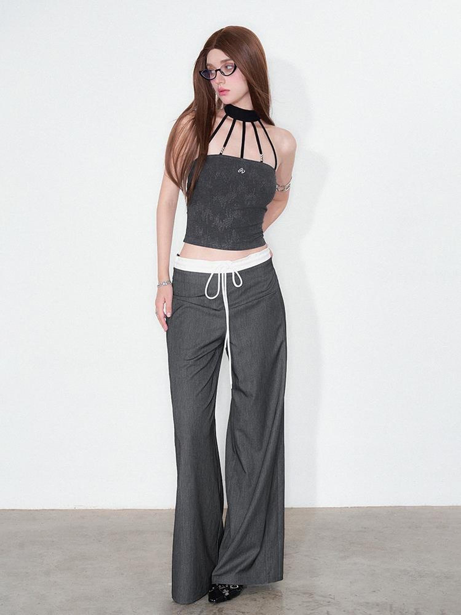 AFTADAWN Silver Neck Tank Top & Wide Leg Trousers Set