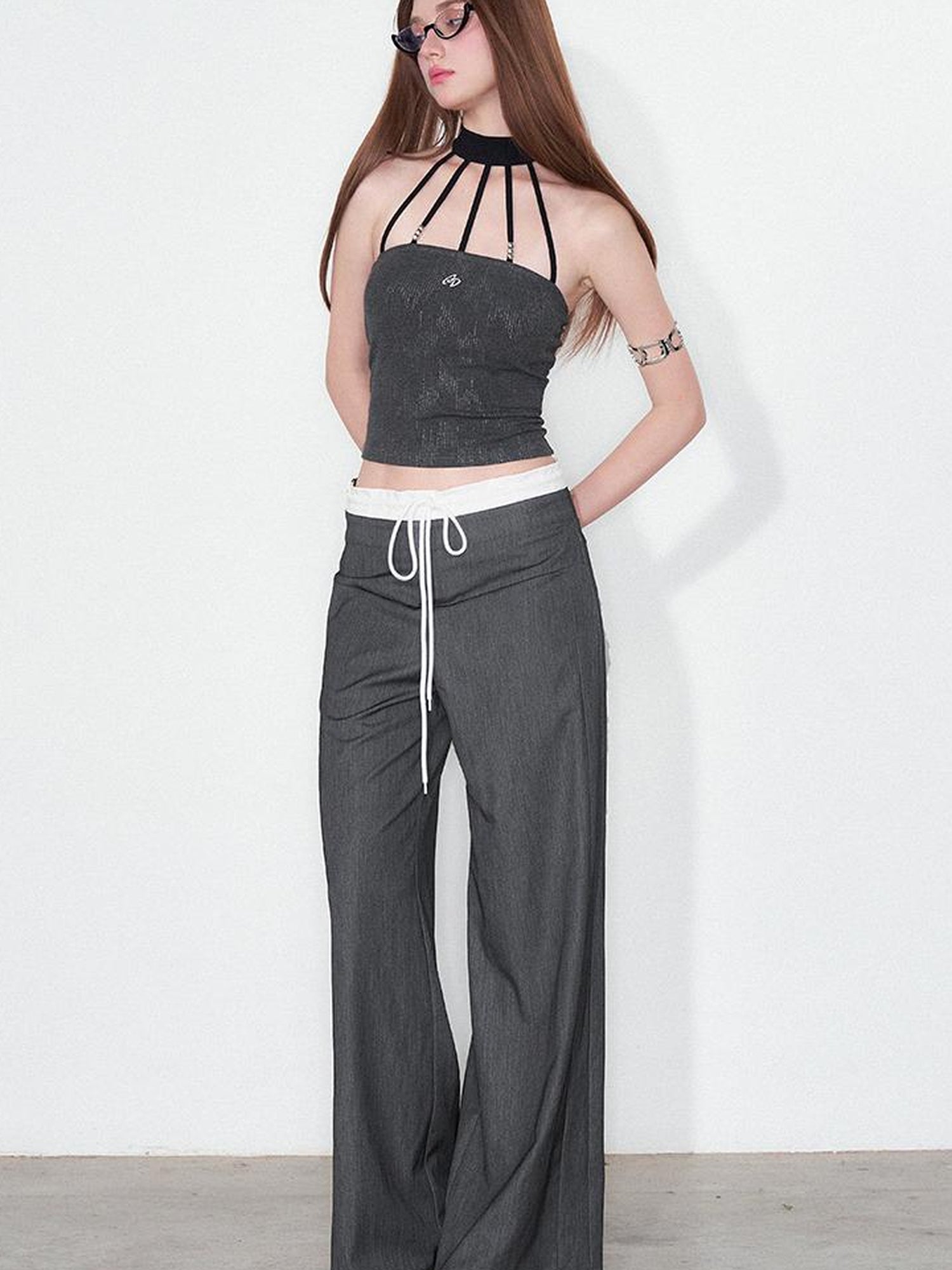 AFTADAWN Silver Neck Tank Top & Wide Leg Trousers Set