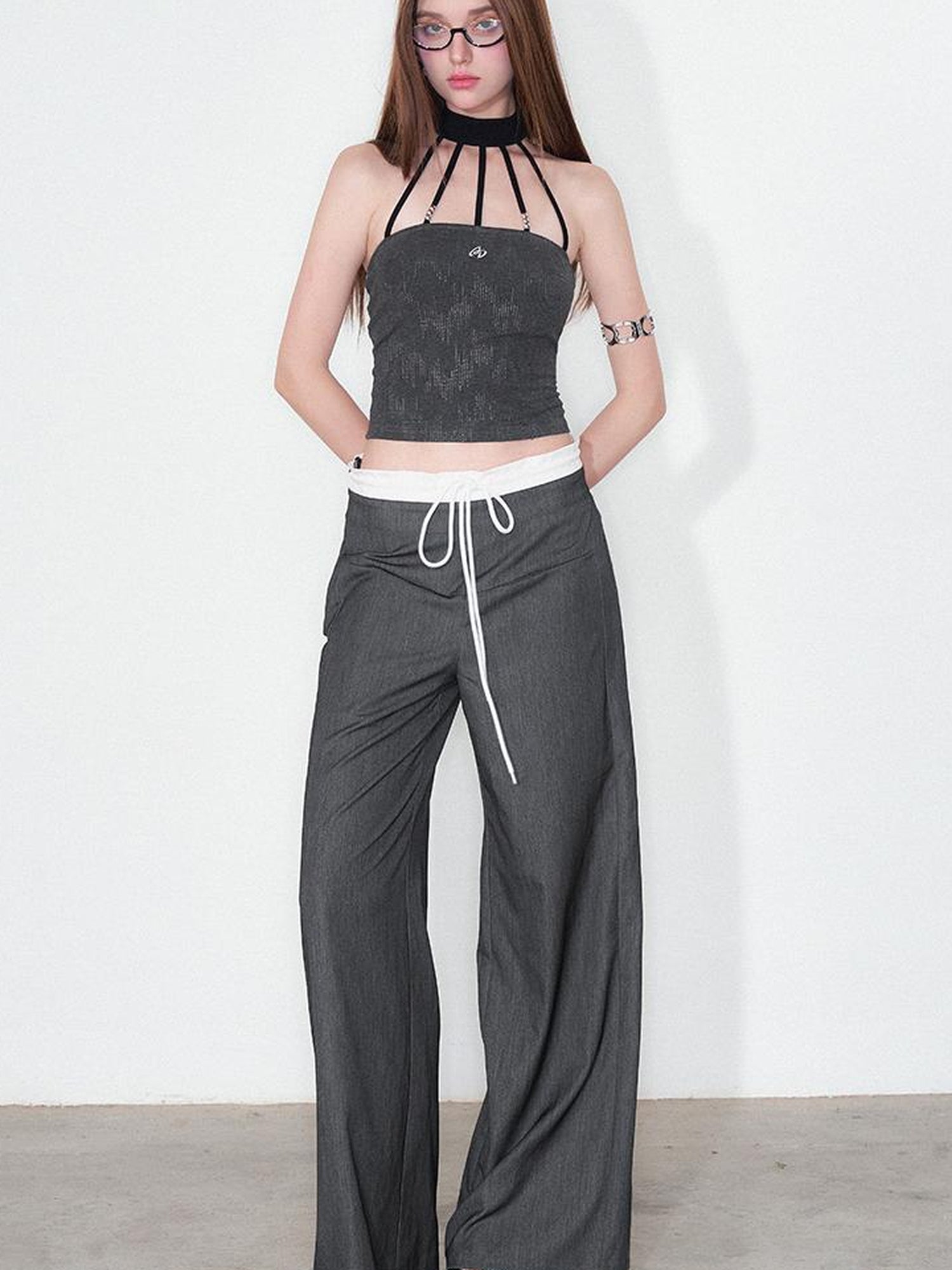 AFTADAWN Silver Neck Tank Top & Wide Leg Trousers Set