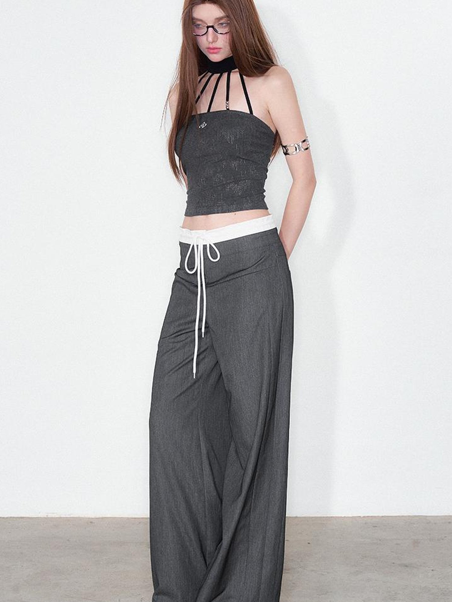 AFTADAWN Silver Neck Tank Top & Wide Leg Trousers Set