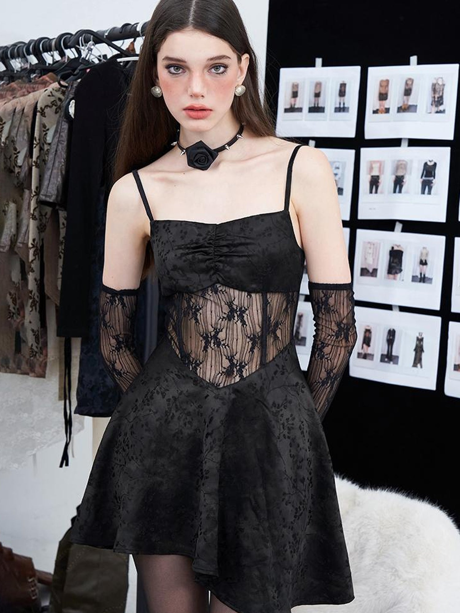 AFTADAWN Sleeved Gilded Lace Paneled Corset Slip Dress