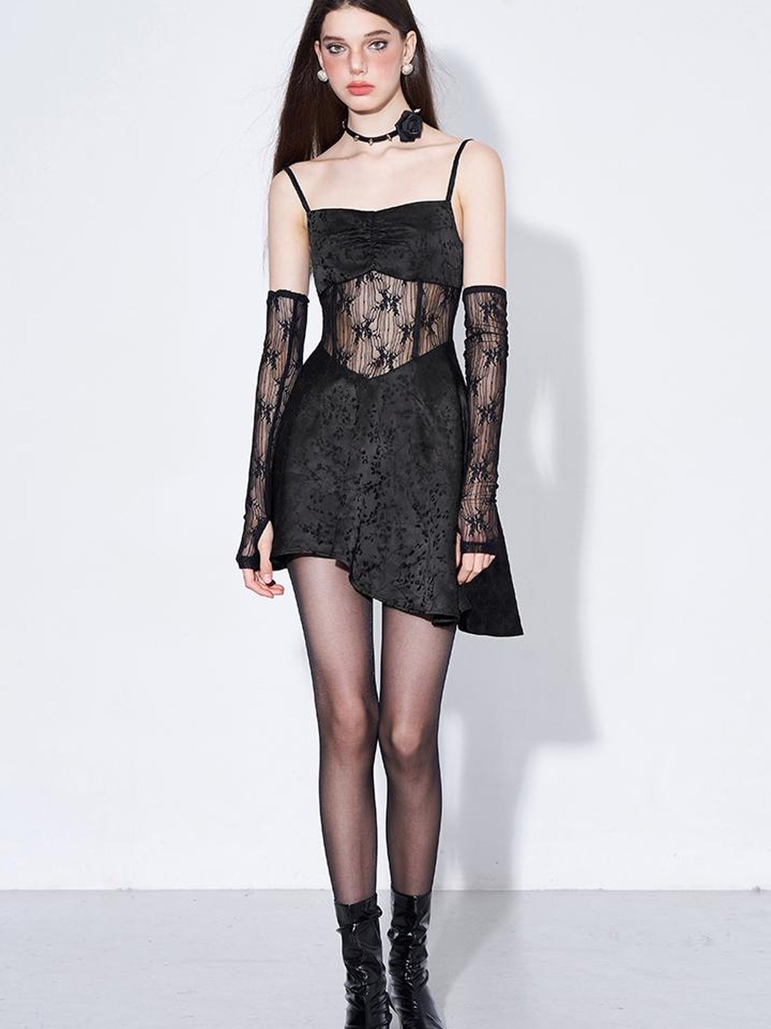 AFTADAWN Sleeved Gilded Lace Paneled Corset Slip Dress