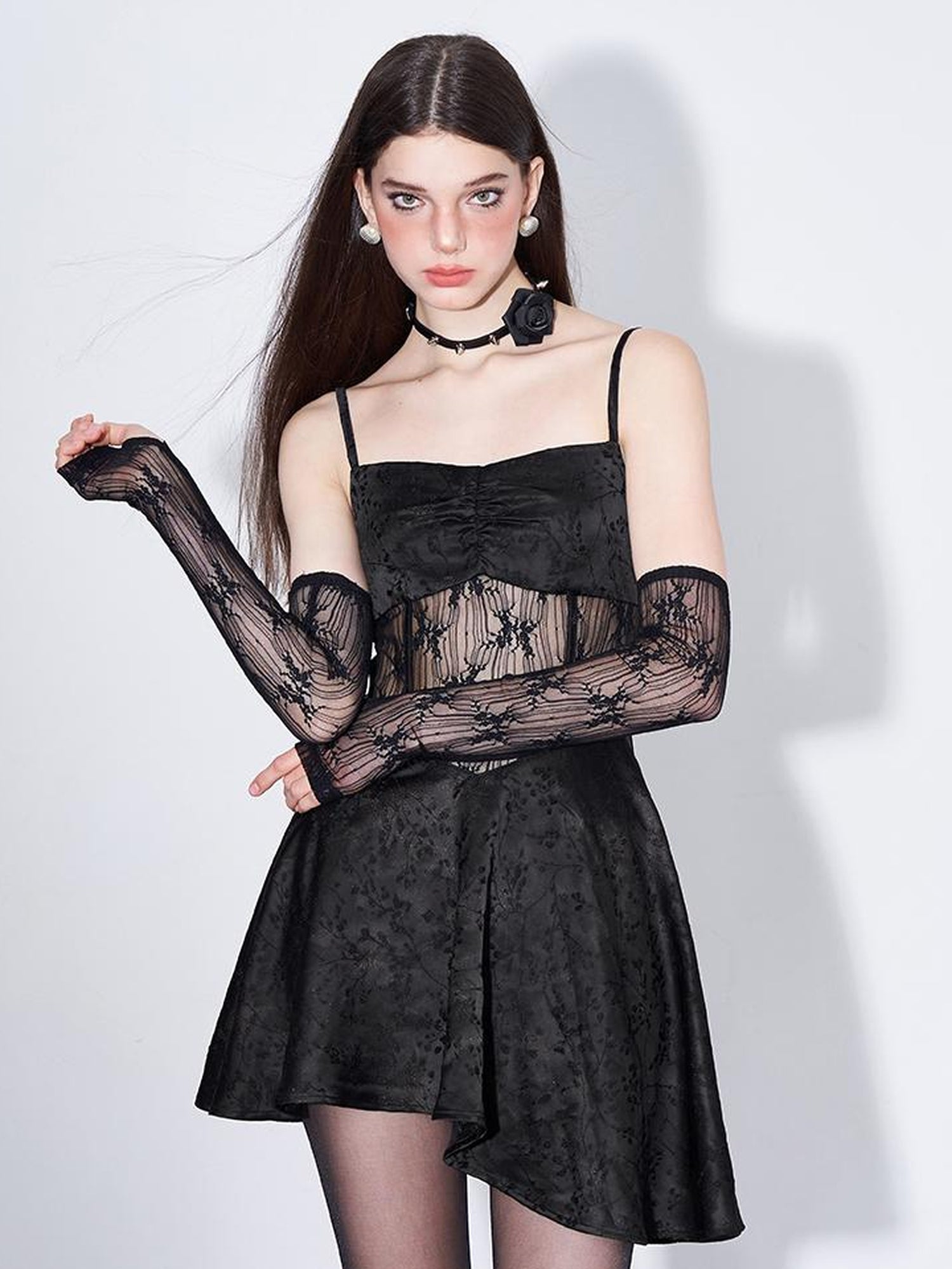 AFTADAWN Sleeved Gilded Lace Paneled Corset Slip Dress