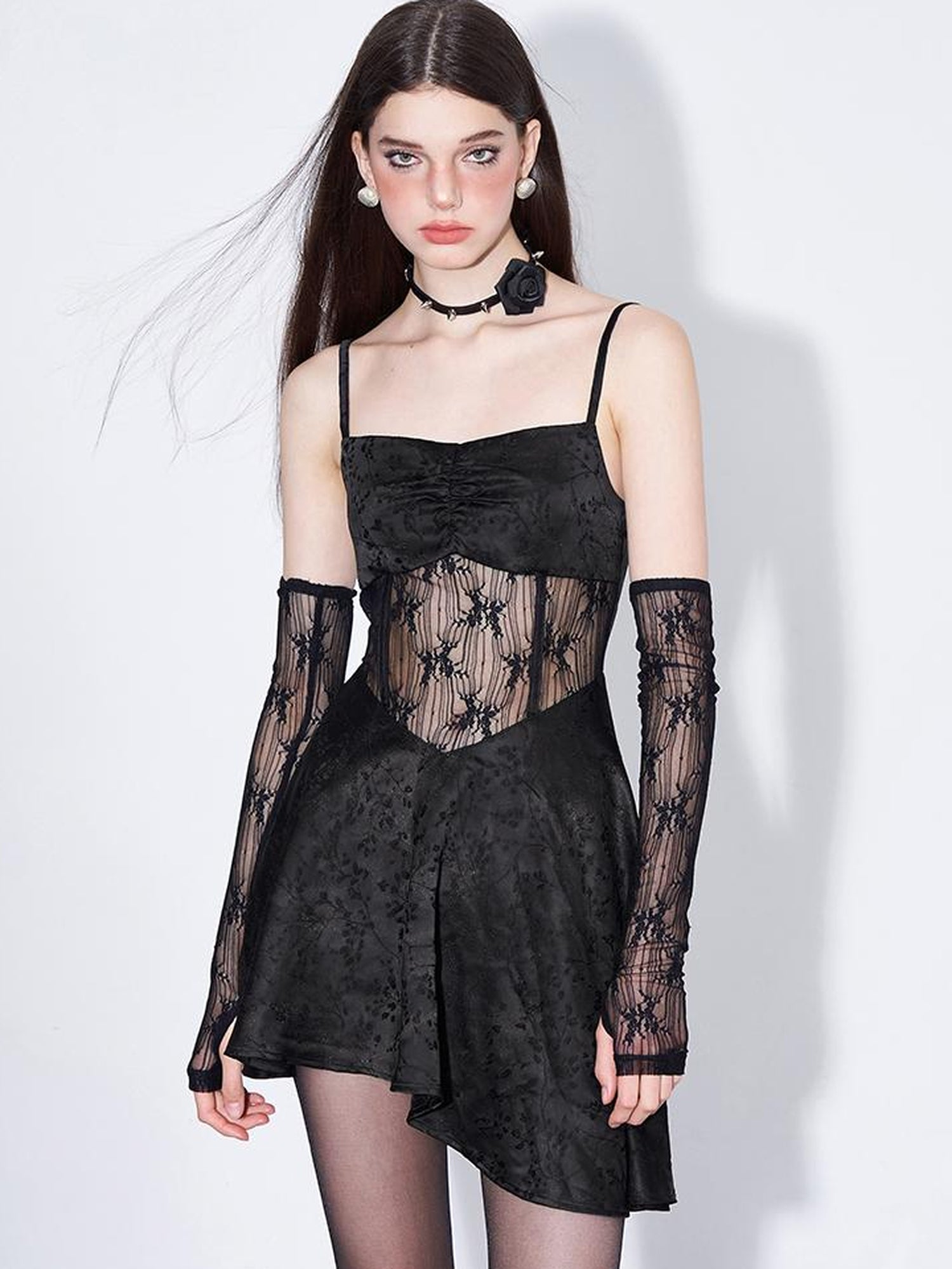 AFTADAWN Sleeved Gilded Lace Paneled Corset Slip Dress