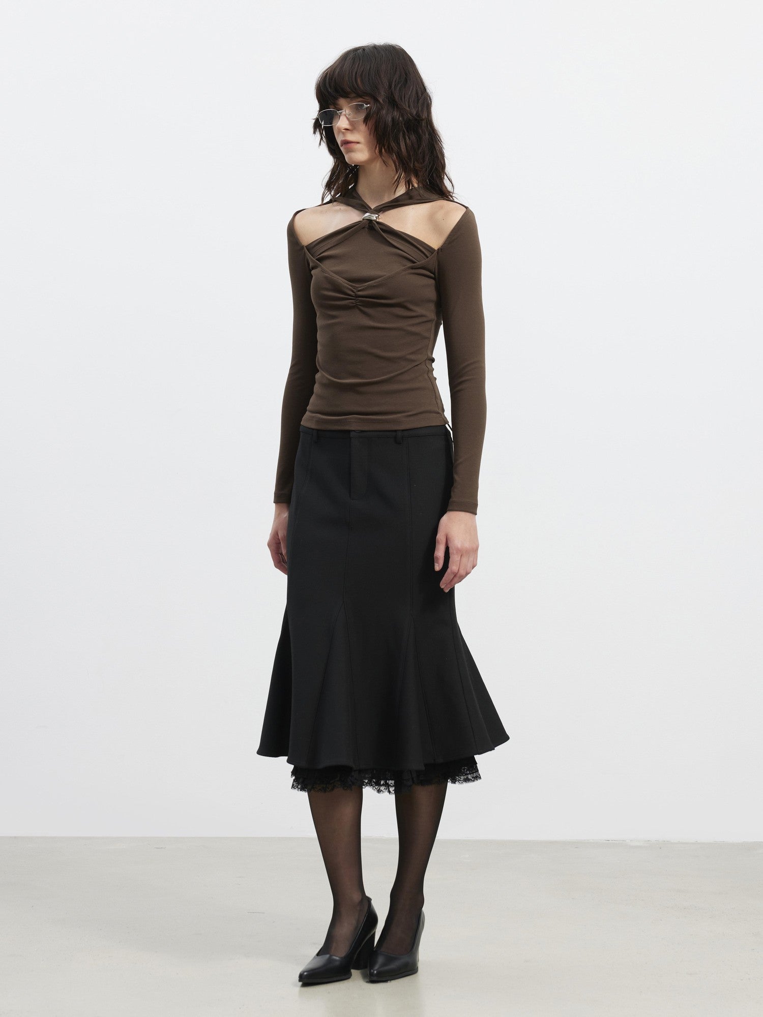 AFTADAWN Slim Lace Panel High Waist Front Zipper Women&