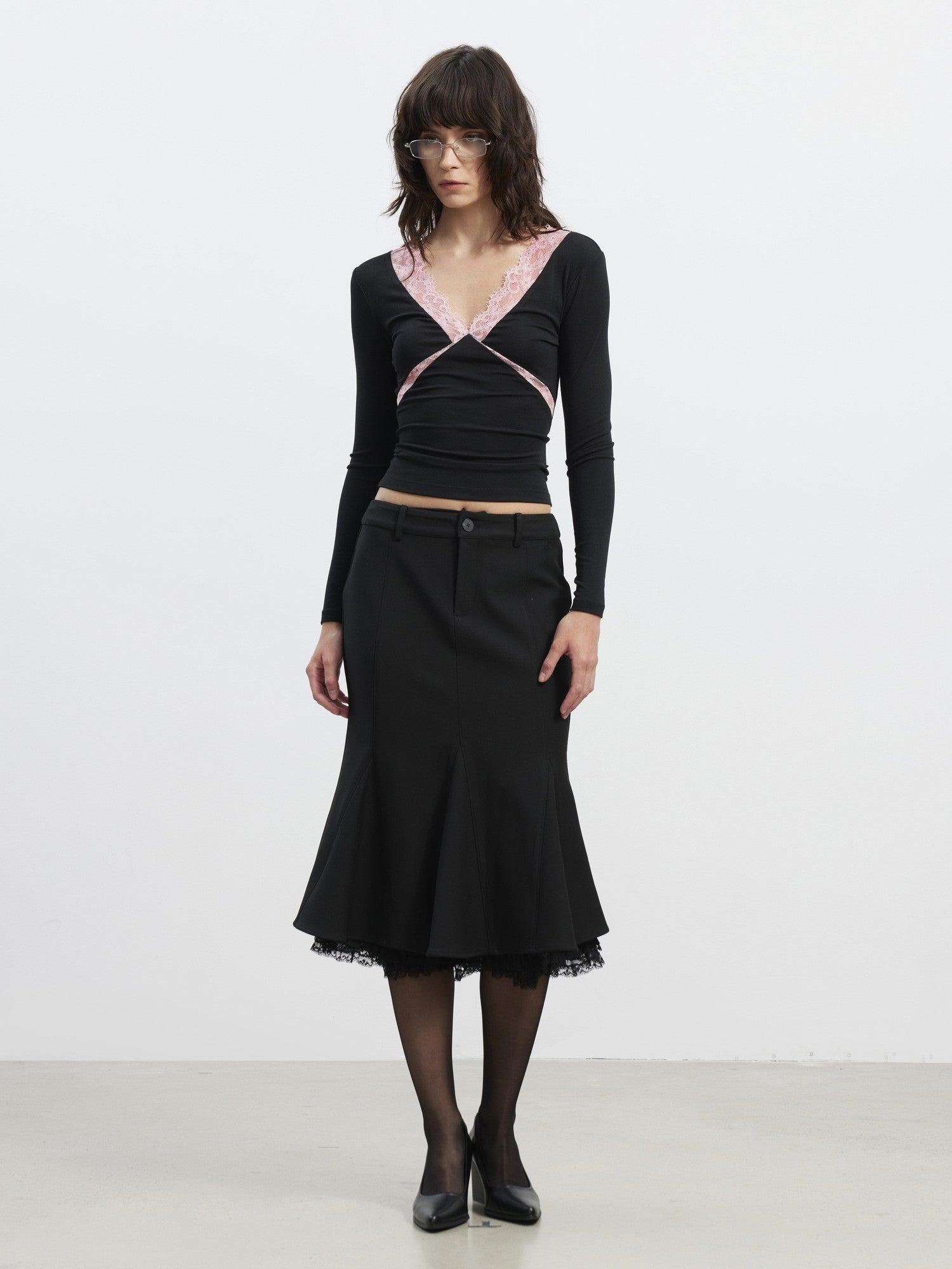 AFTADAWN Slim Lace Panel High Waist Front Zipper Women&