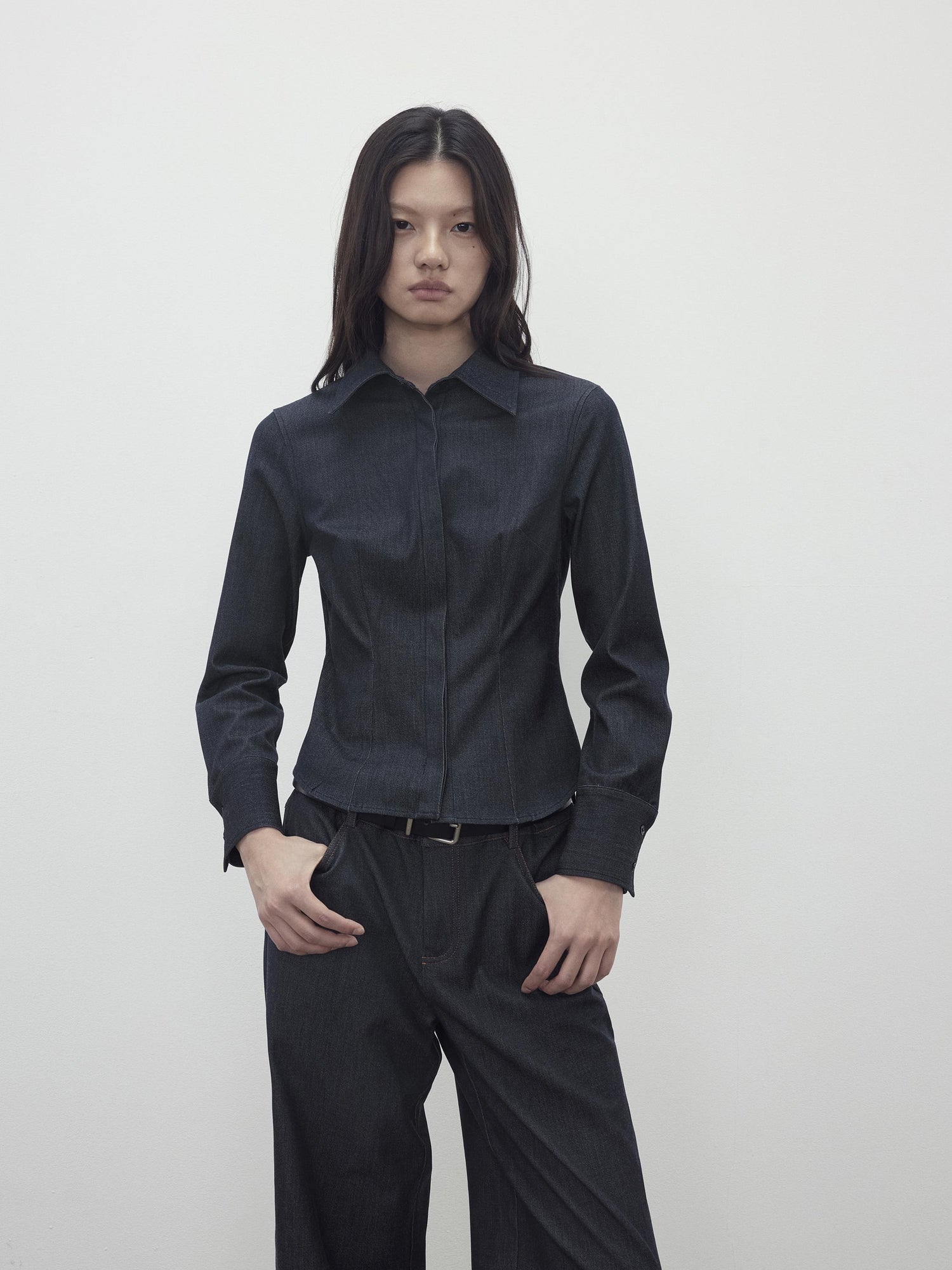 AFTADAWN Slim Waist Blue Mohair Denim Like Shirt