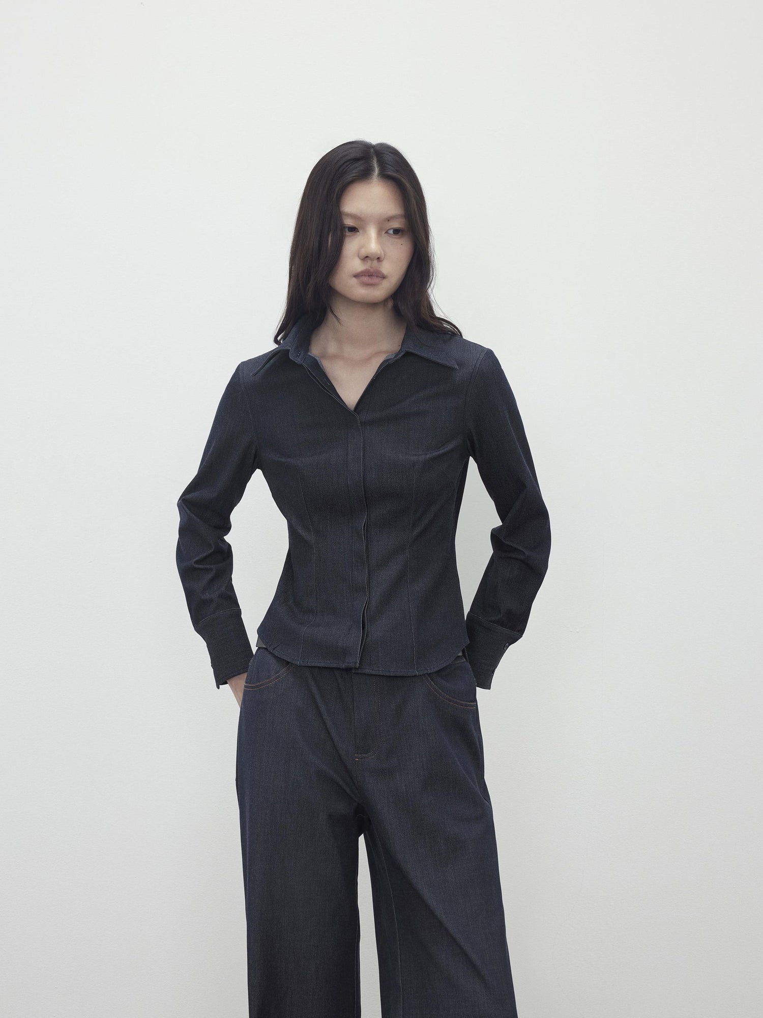 AFTADAWN Slim Waist Blue Mohair Denim Like Shirt