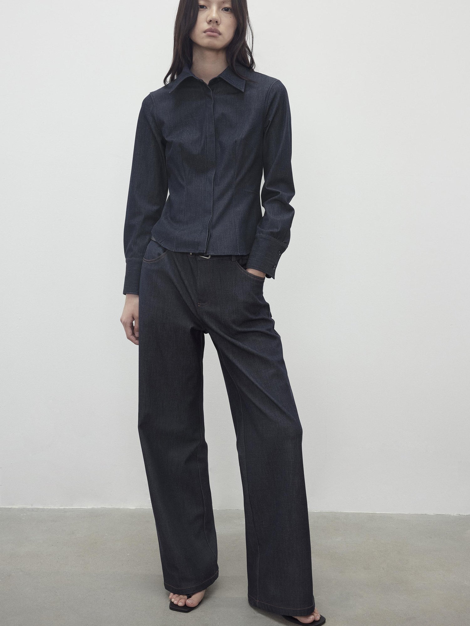 AFTADAWN Slim Waist Blue Mohair Denim Like Shirt