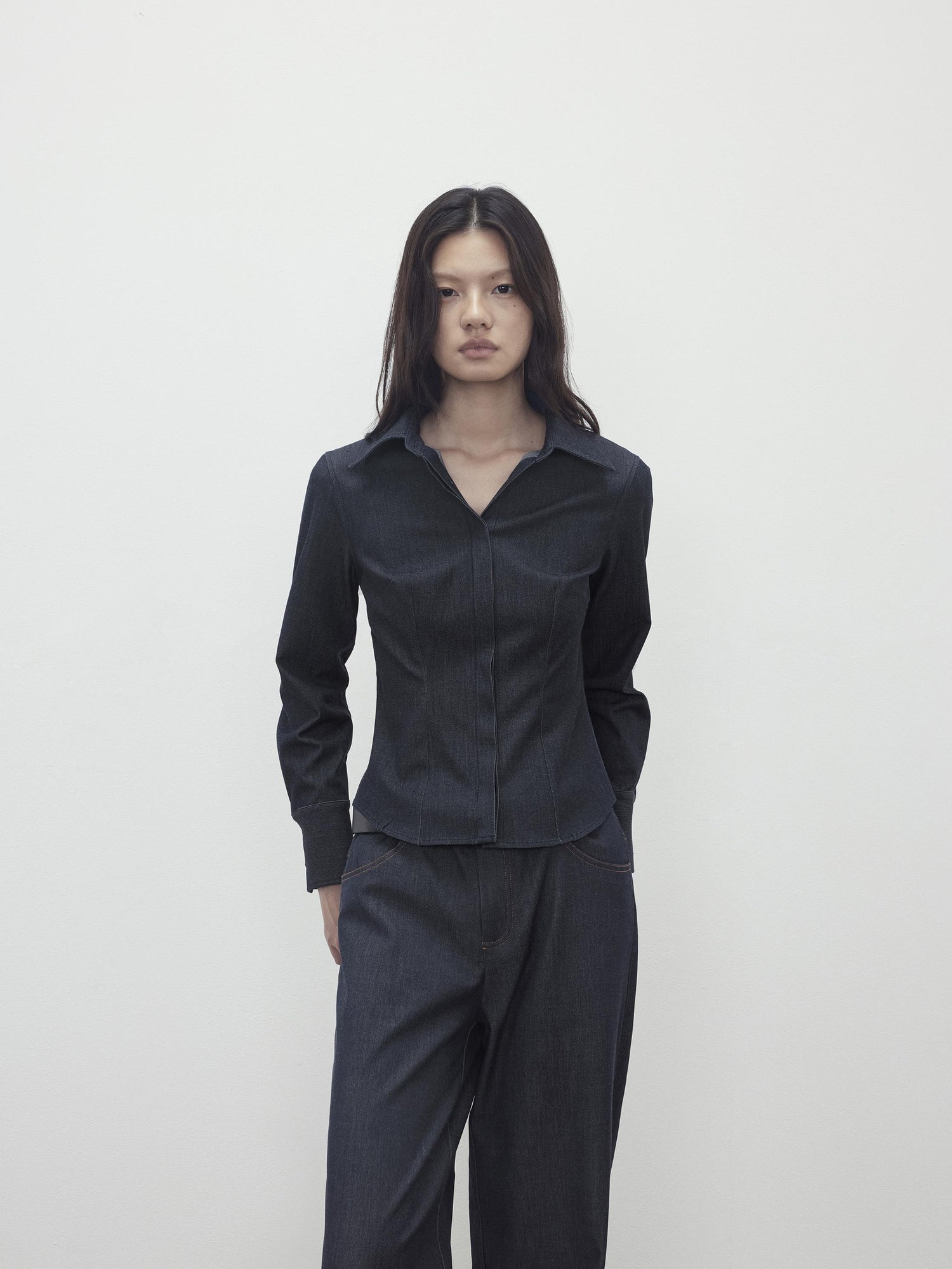 AFTADAWN Slim Waist Blue Mohair Denim Like Shirt