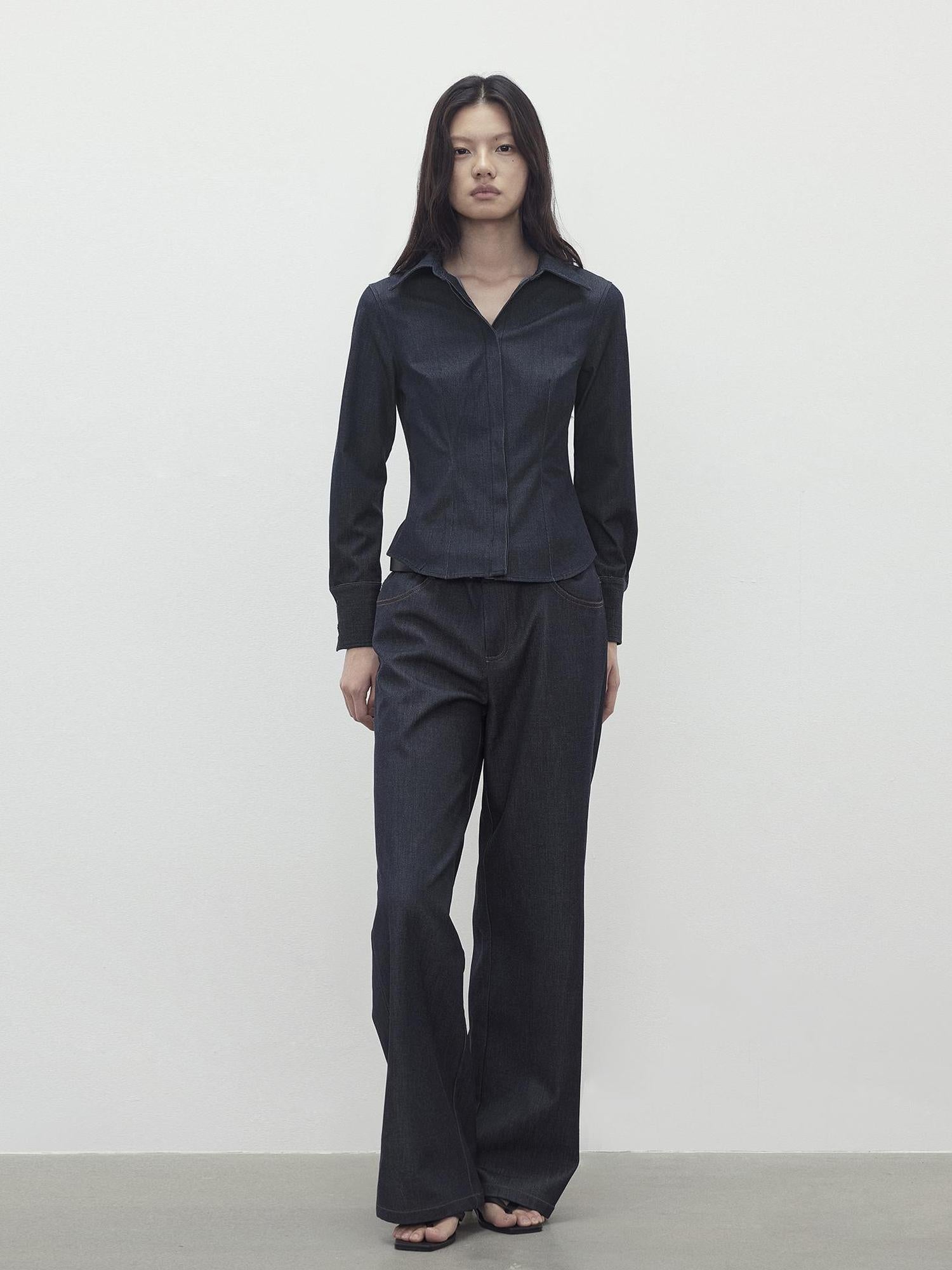 AFTADAWN Slim Waist Blue Mohair Denim Like Shirt