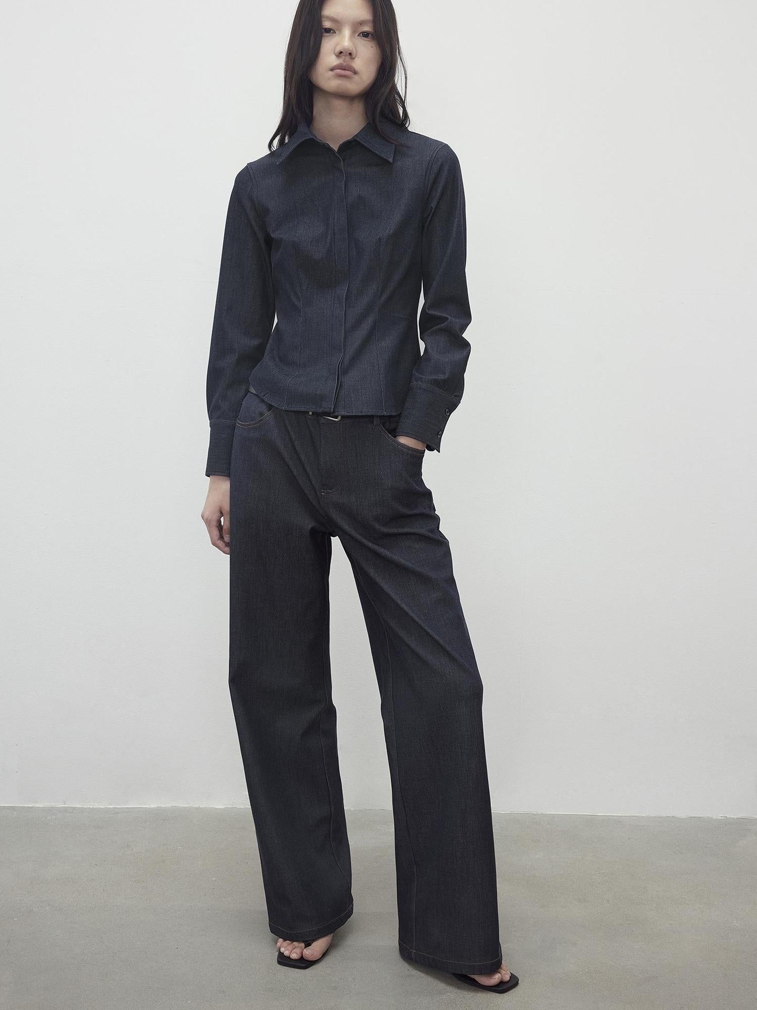 AFTADAWN Slim Waist Blue Mohair Denim Like Shirt