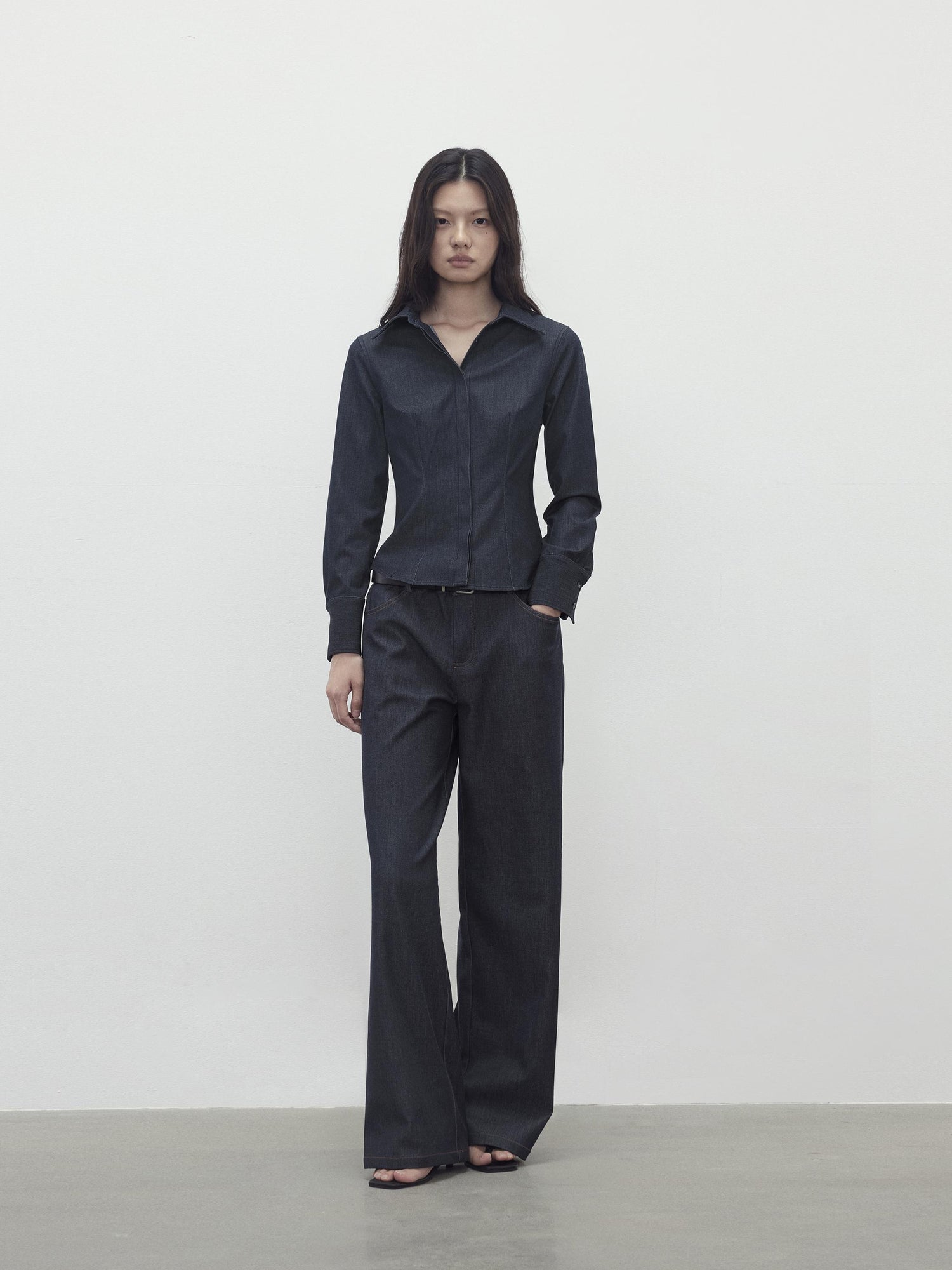 AFTADAWN Slim Waist Blue Mohair Denim Like Shirt