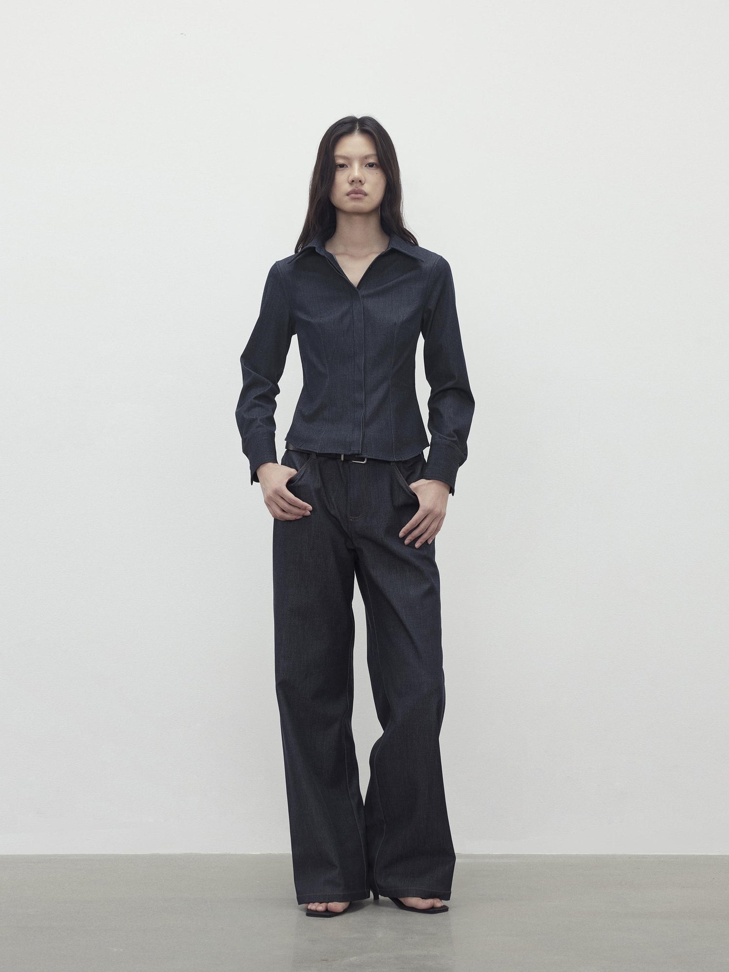 AFTADAWN Slim Waist Blue Mohair Denim Like Shirt