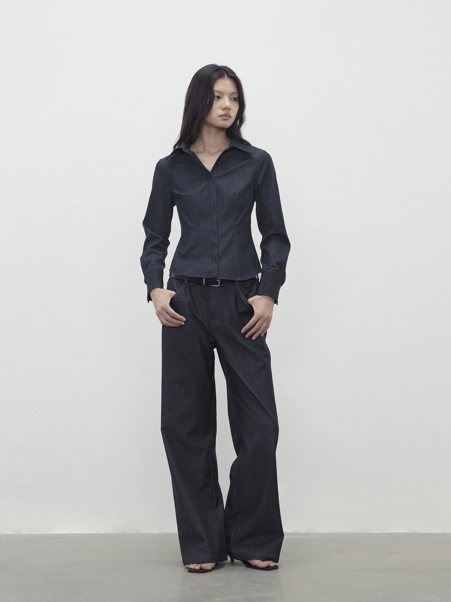 AFTADAWN Slim Waist Blue Mohair Denim Like Shirt