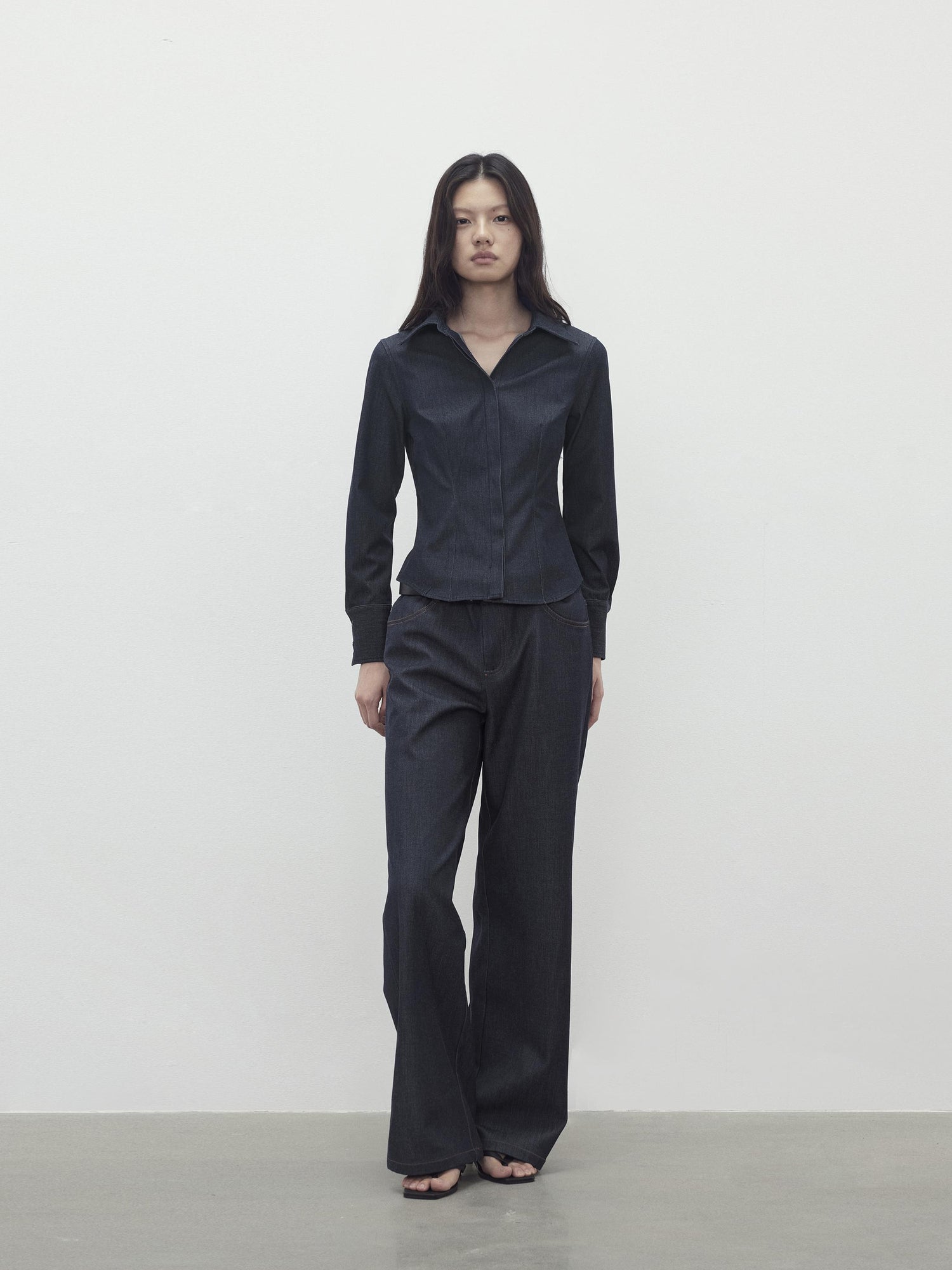 AFTADAWN Slim Waist Blue Mohair Denim Like Shirt