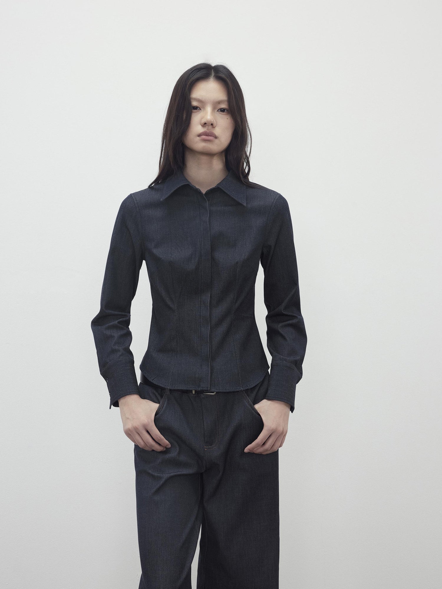 AFTADAWN Slim Waist Blue Mohair Denim Like Shirt