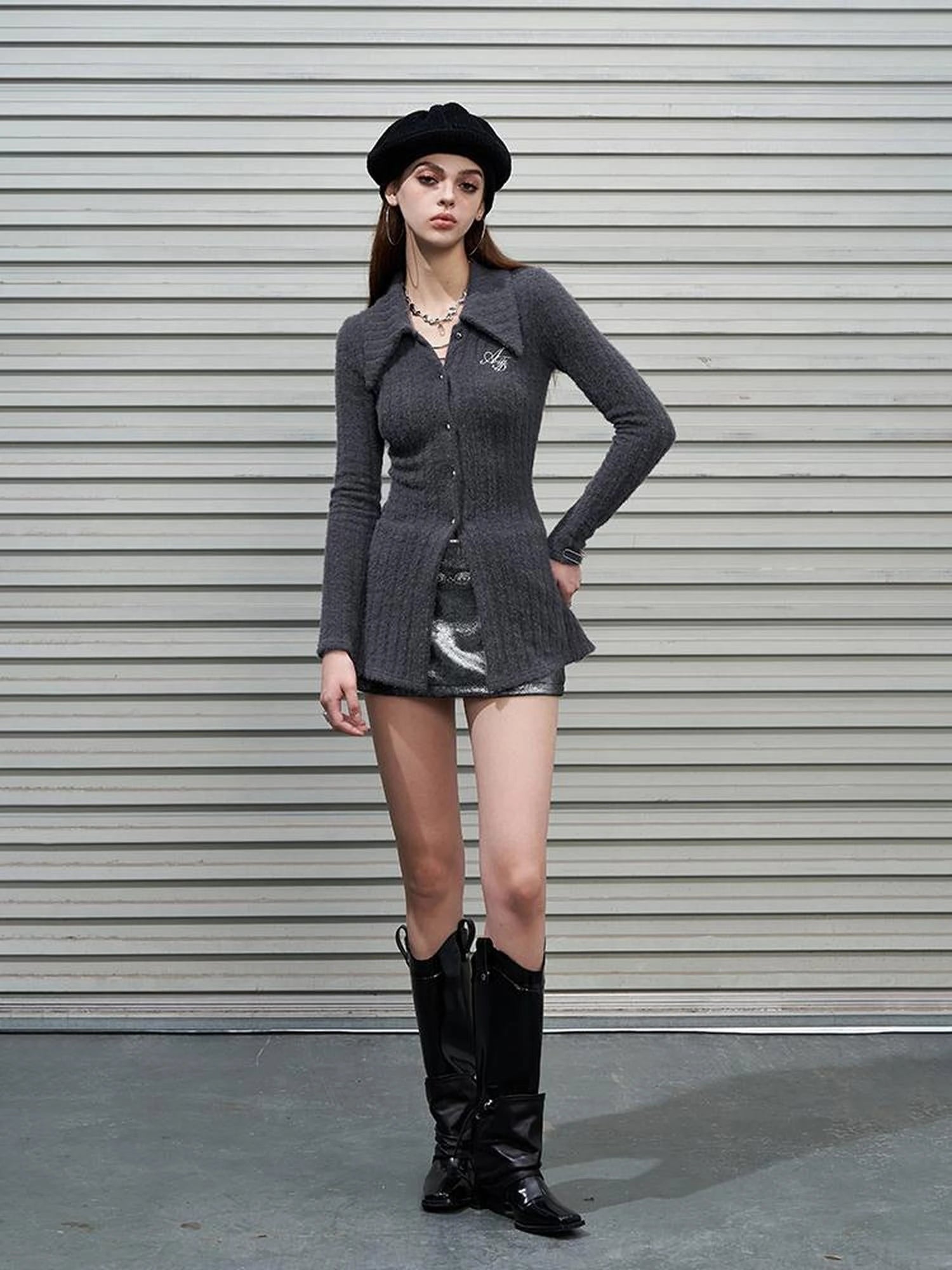 Soft Mink Knit Shirt With Ribbed Texture