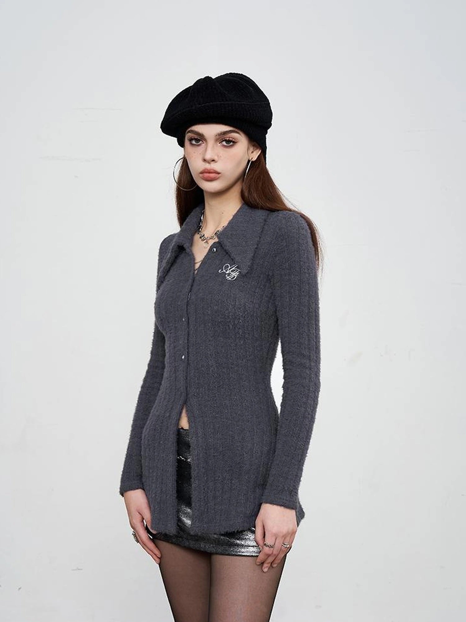 Soft Mink Knit Shirt With Ribbed Texture