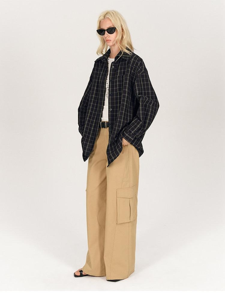 AFTADAWN Soft Textured Plaid Patchwork Collared Loose Women&