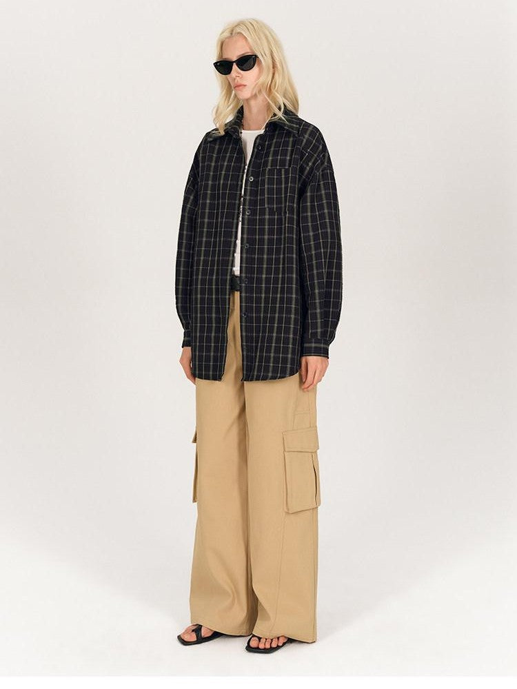 AFTADAWN Soft Textured Plaid Patchwork Collared Loose Women&