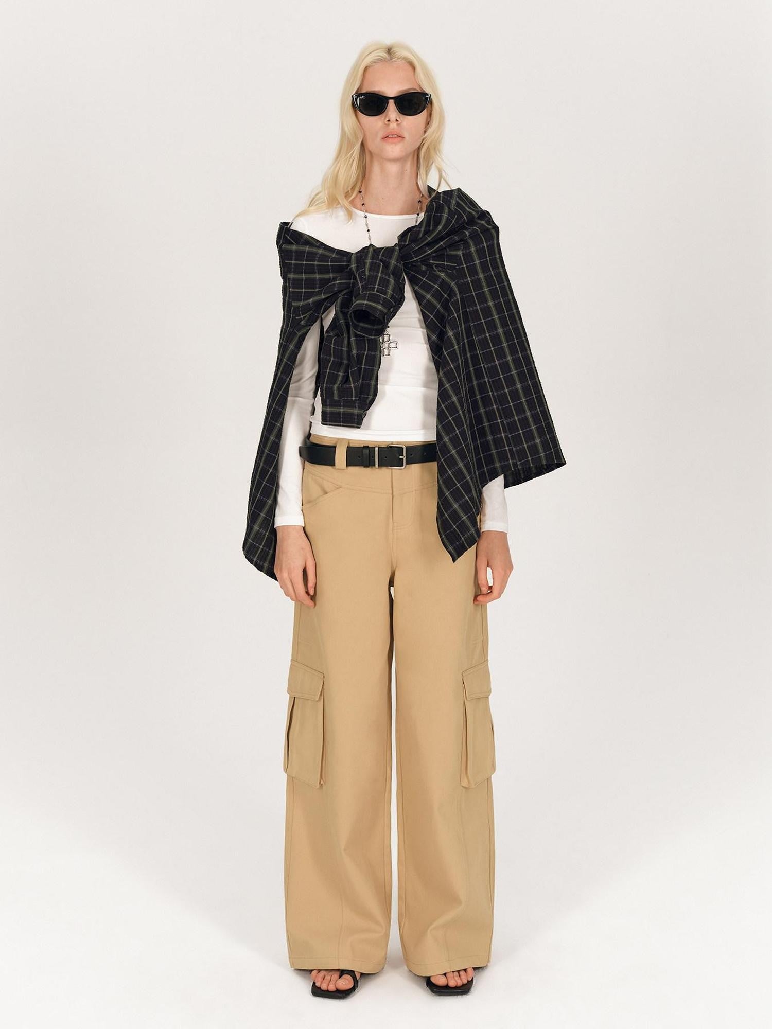 AFTADAWN Soft Textured Plaid Patchwork Collared Loose Women&