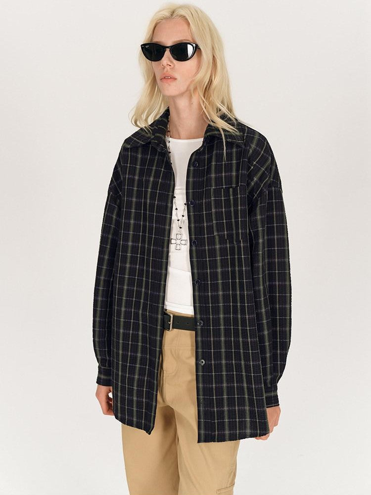 AFTADAWN Soft Textured Plaid Patchwork Collared Loose Women&