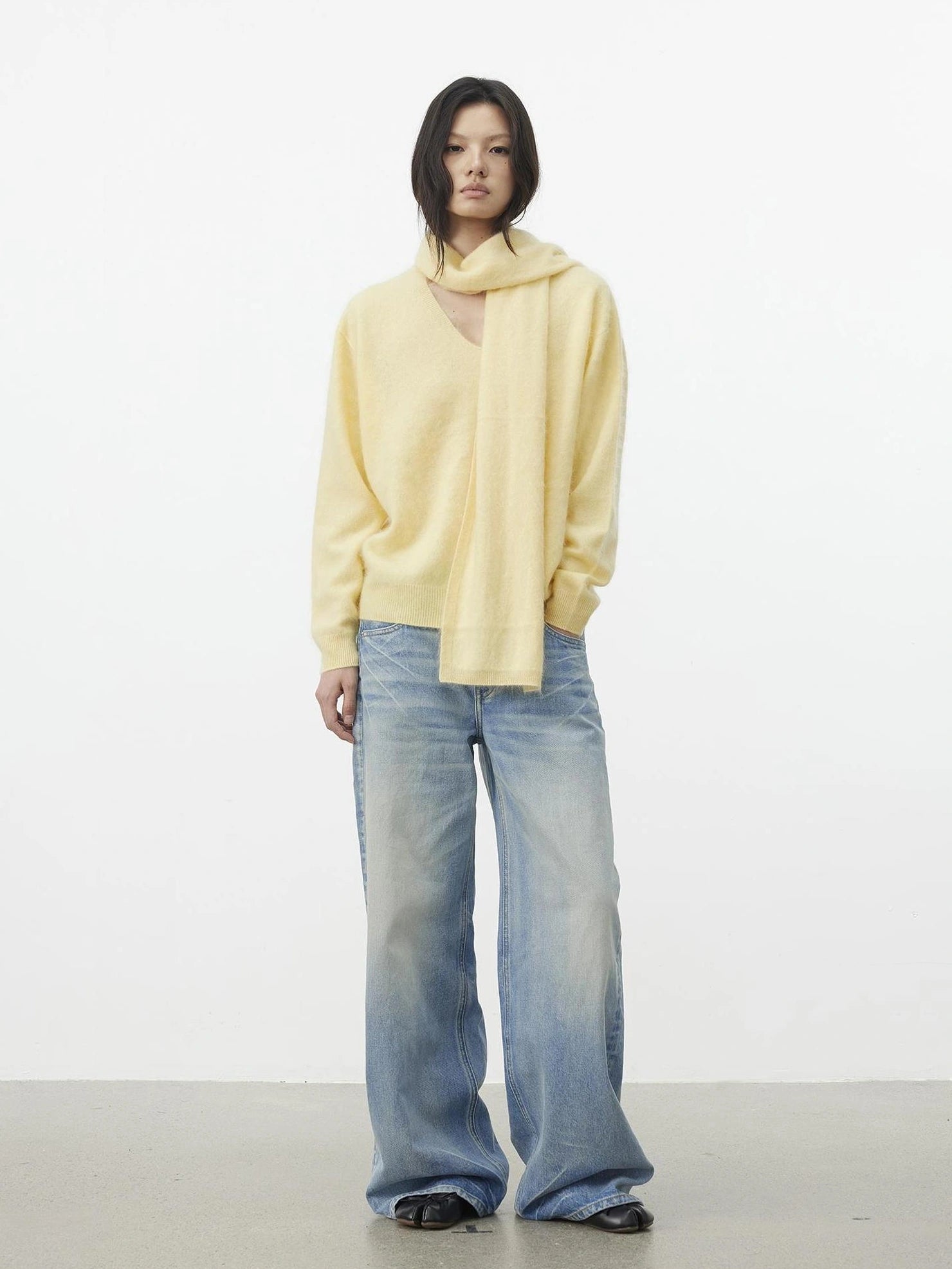 AFTADAWN Soft V-Neck Cashmere Wool Sweater With Scarf Cardigan