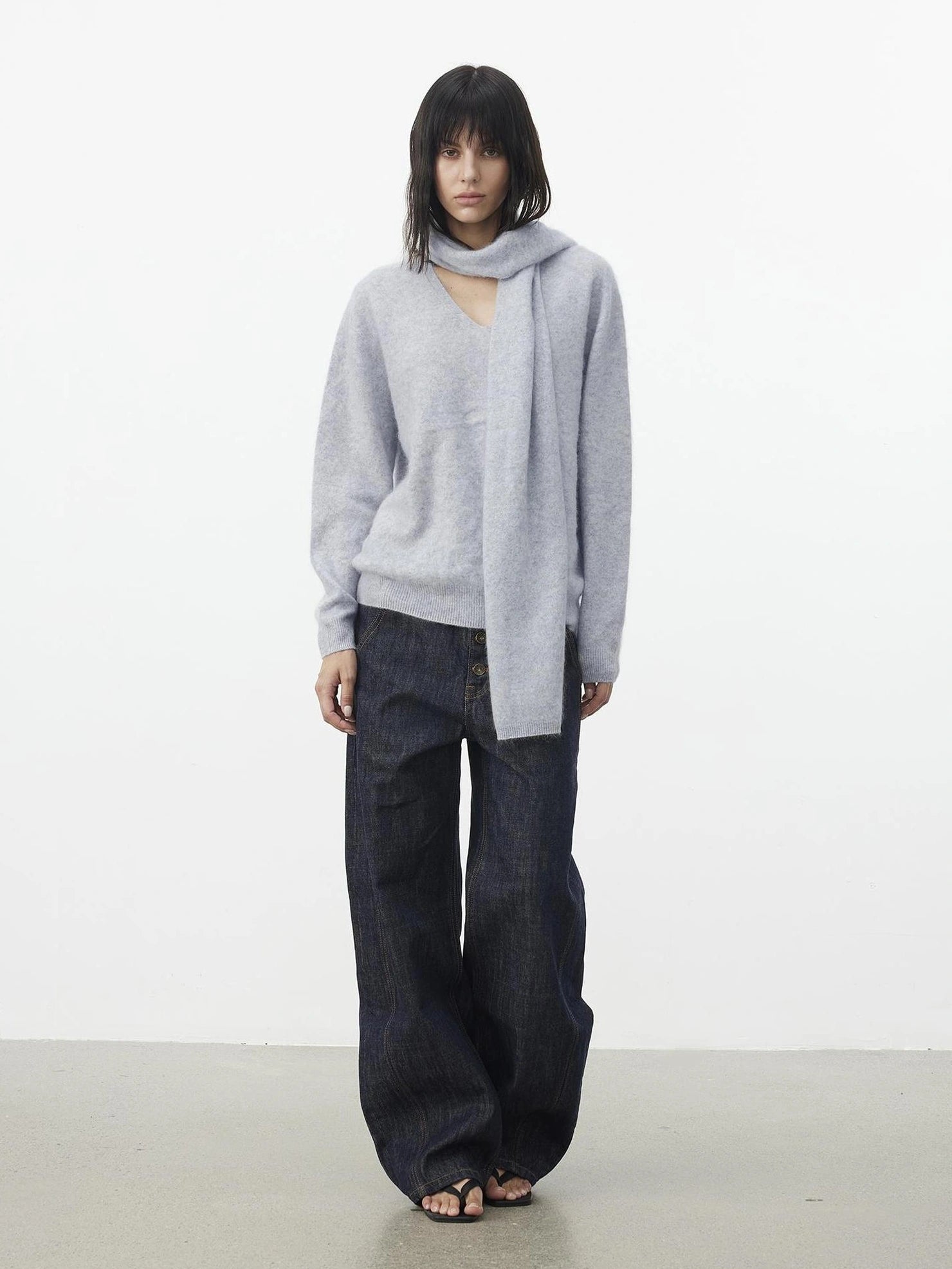 AFTADAWN Soft V-Neck Cashmere Wool Sweater With Scarf Cardigan