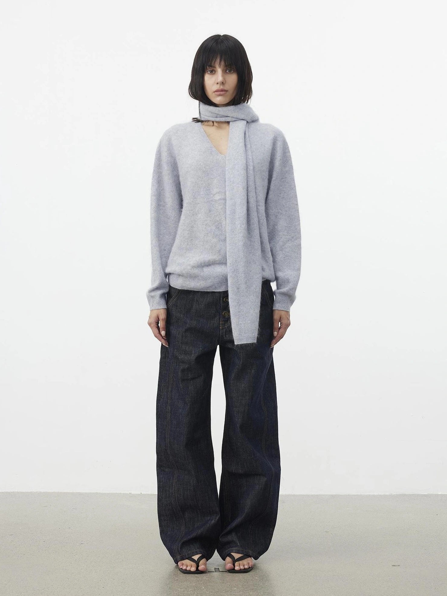 AFTADAWN Soft V-Neck Cashmere Wool Sweater With Scarf Cardigan