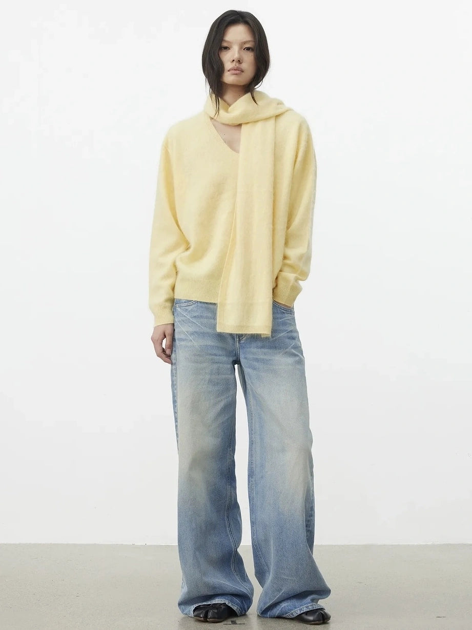 AFTADAWN Soft V-Neck Cashmere Wool Sweater With Scarf Cardigan