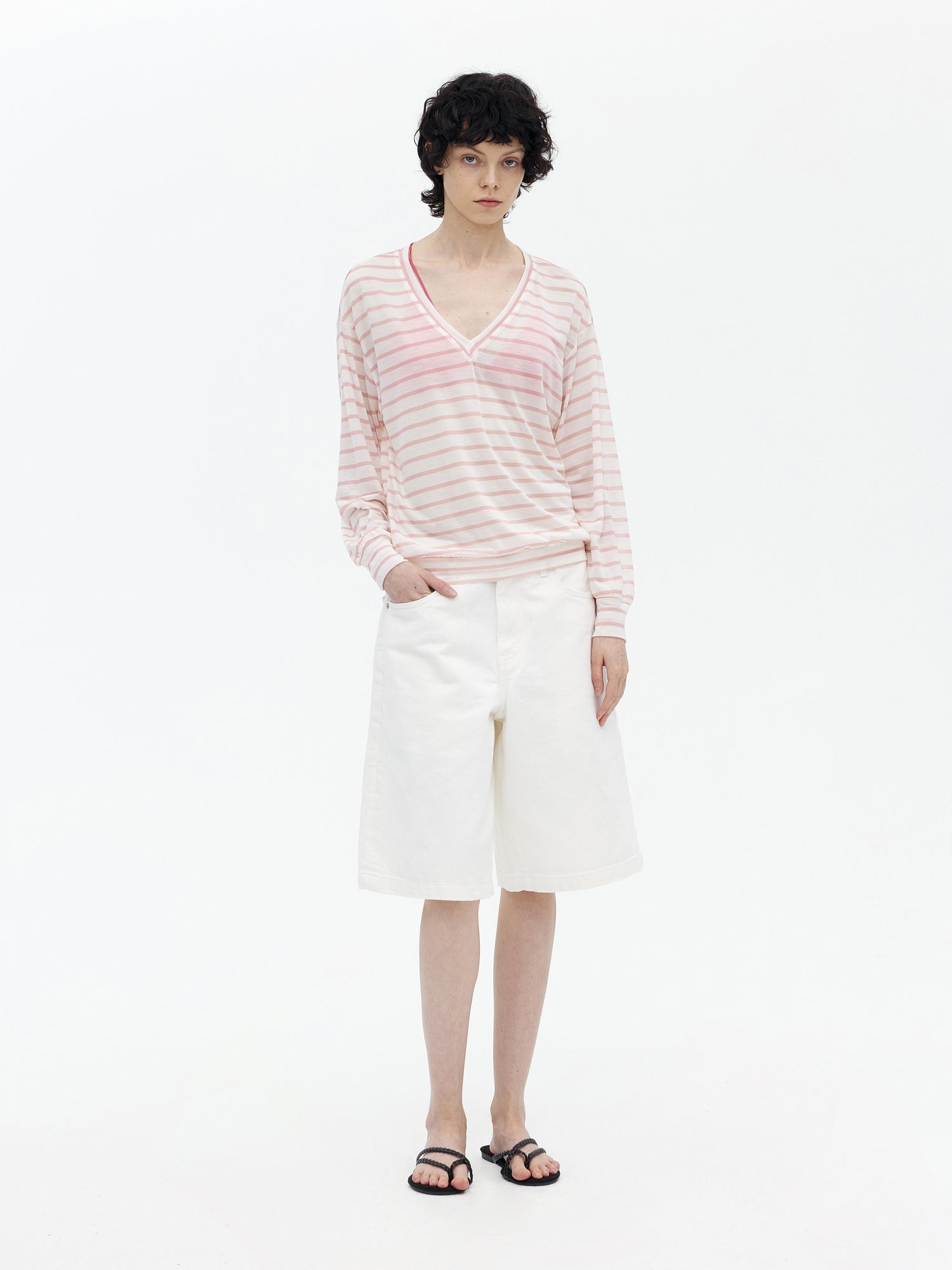 AFTADAWN Soft V-Neck Wool Blend Striped Top