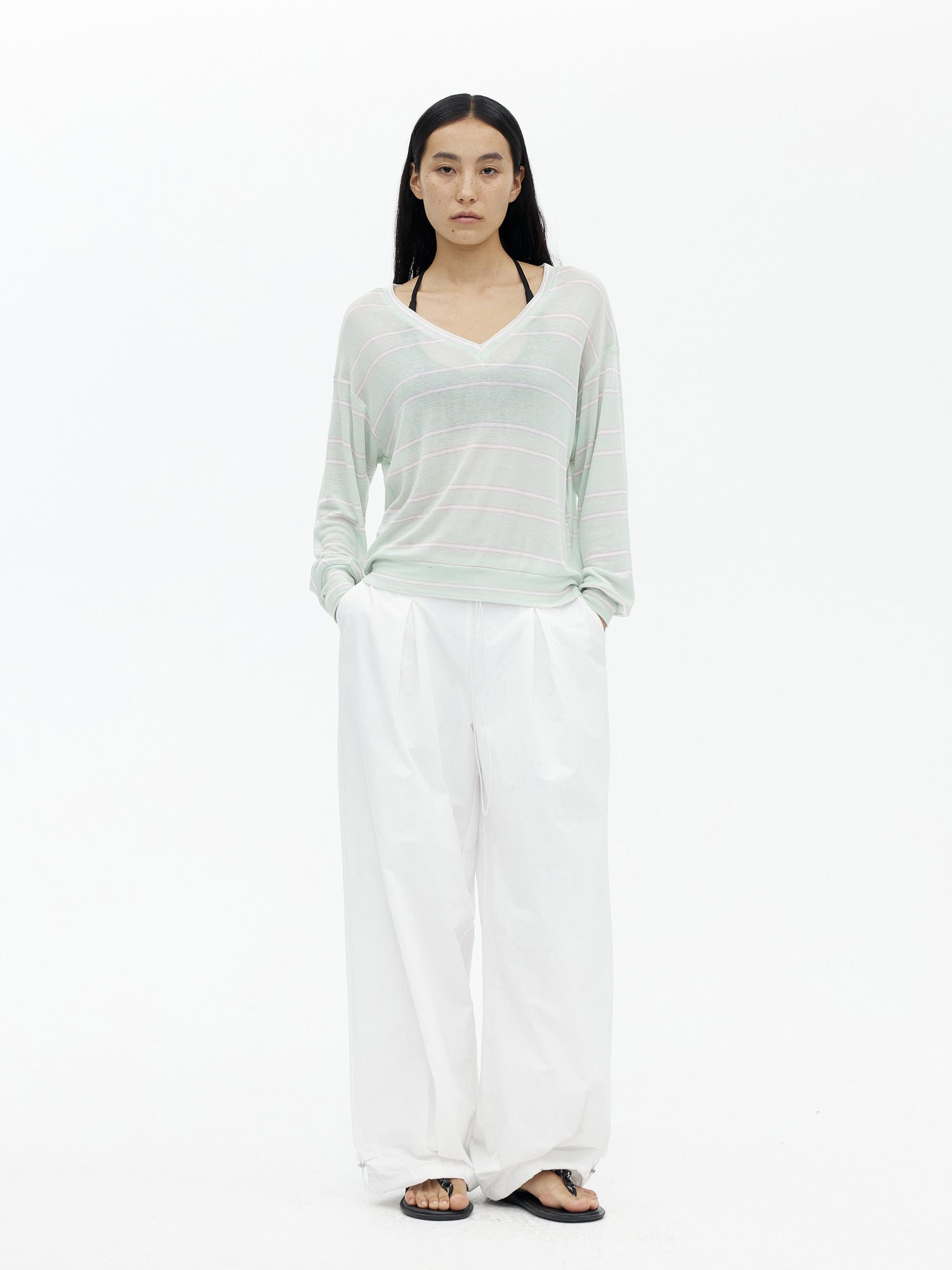 AFTADAWN Soft V-Neck Wool Blend Striped Top