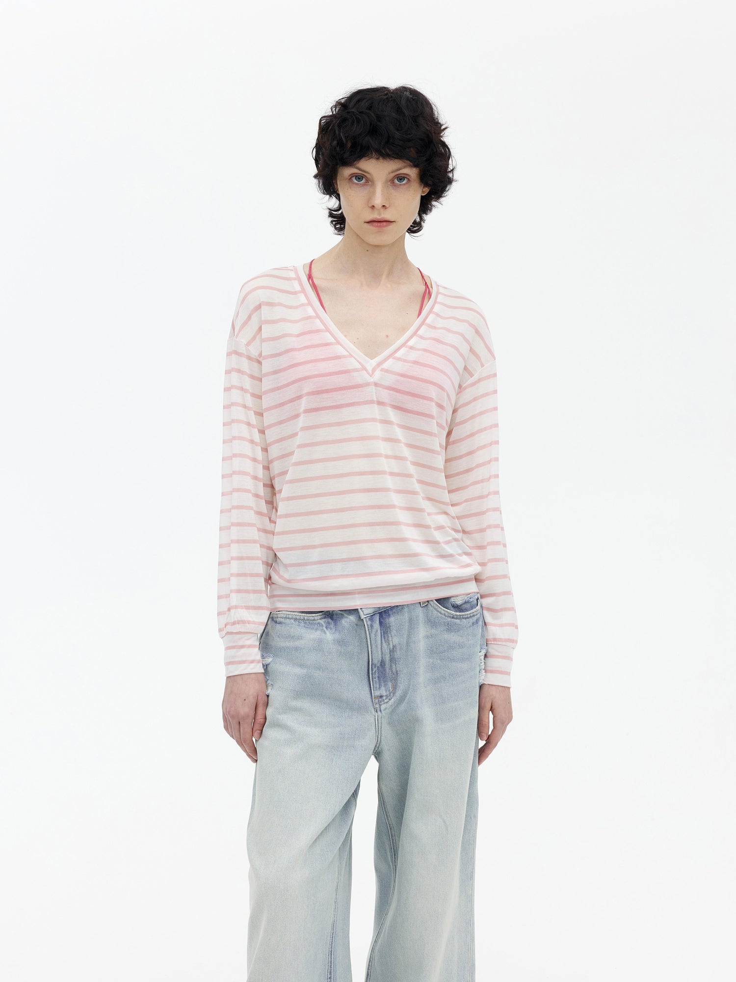 AFTADAWN Soft V-Neck Wool Blend Striped Top