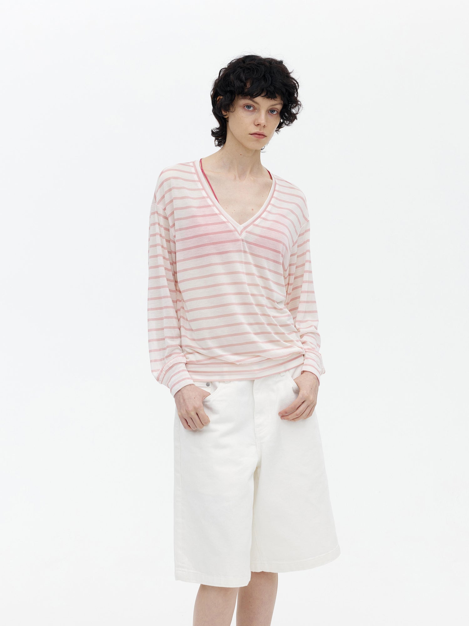 AFTADAWN Soft V-Neck Wool Blend Striped Top