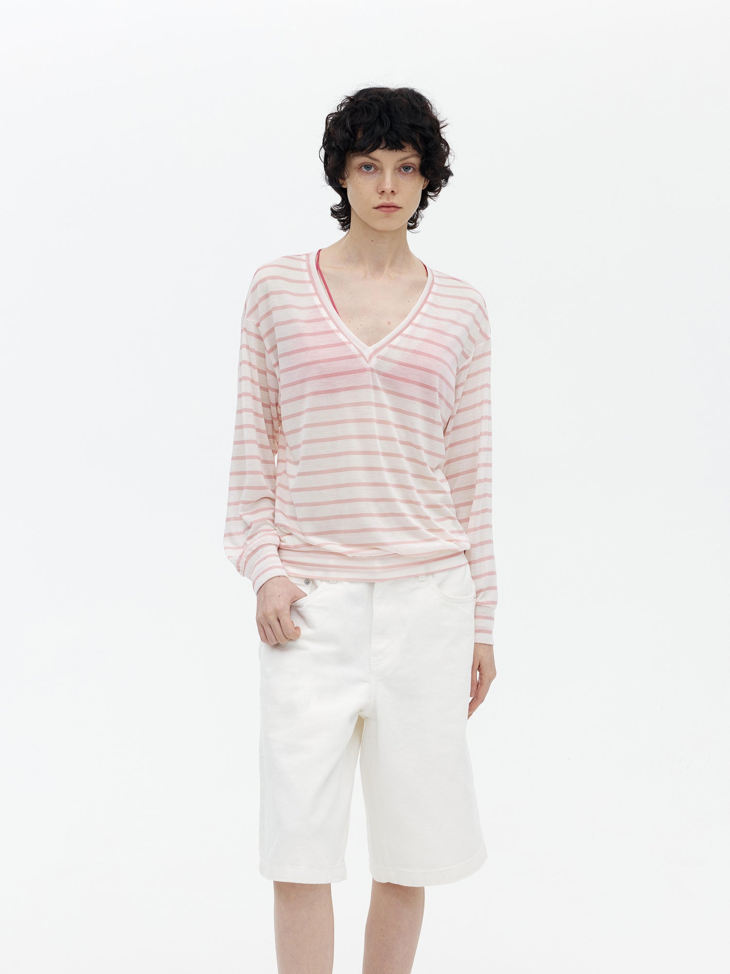 AFTADAWN Soft V-Neck Wool Blend Striped Top