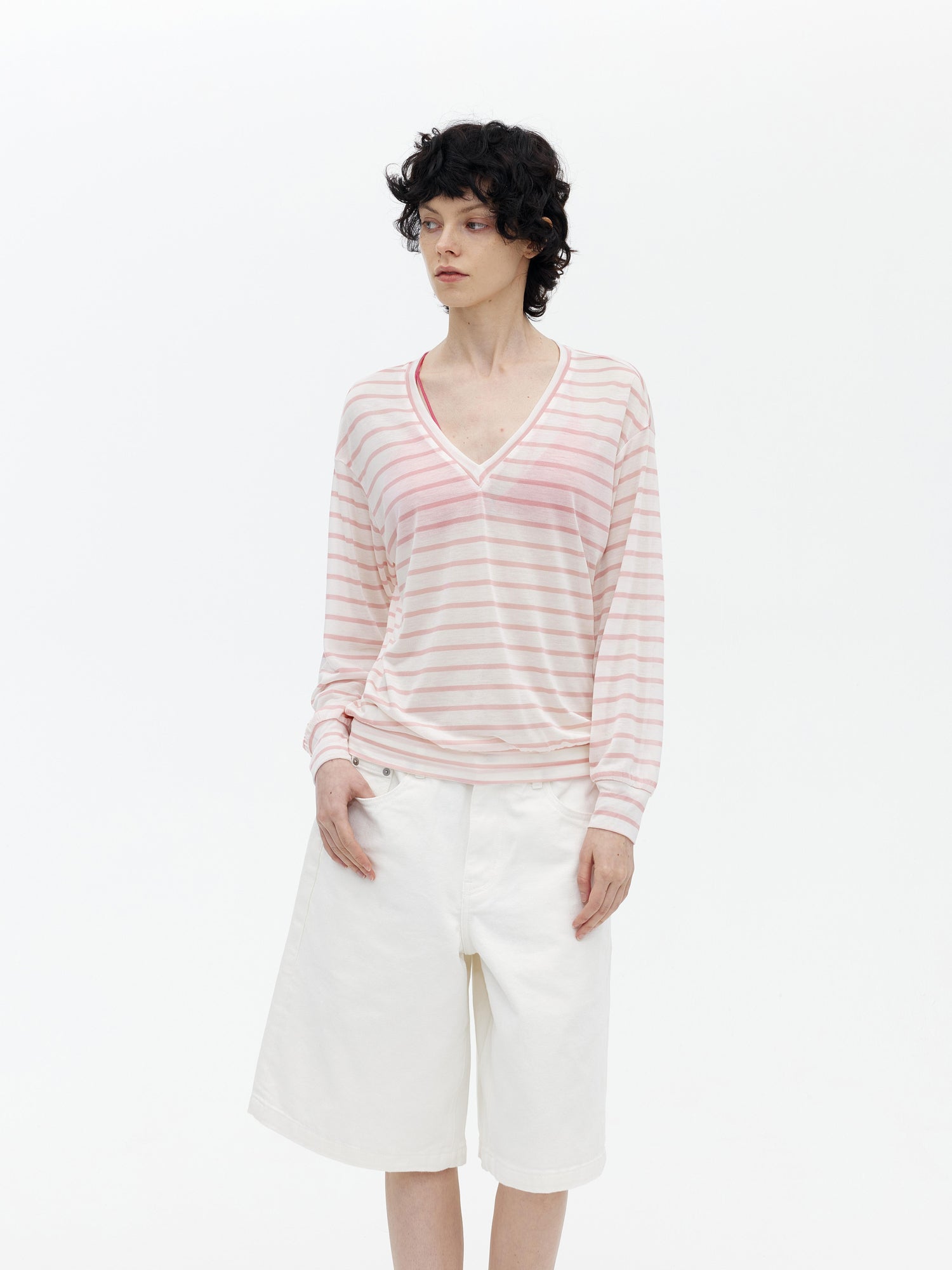AFTADAWN Soft V-Neck Wool Blend Striped Top