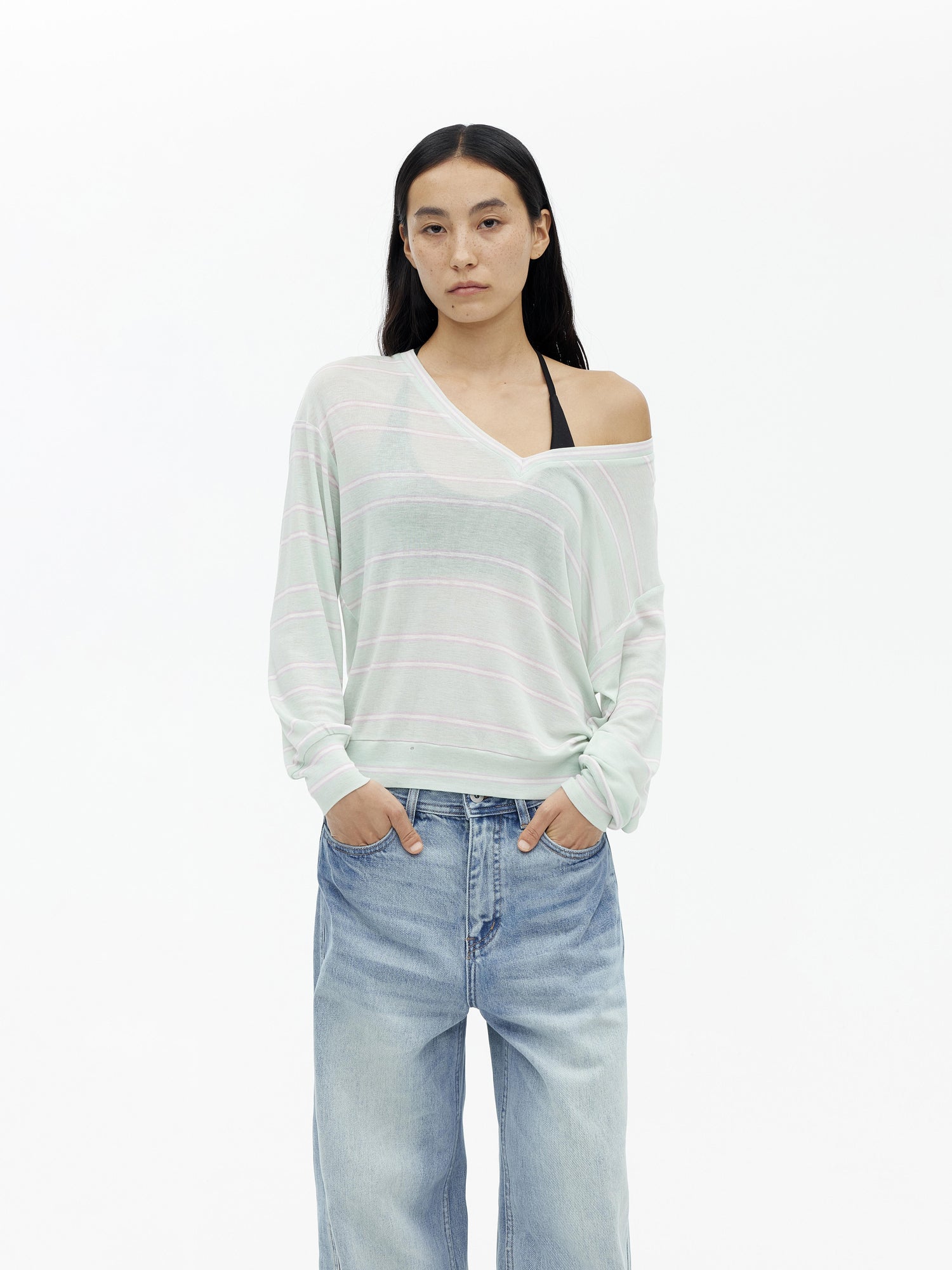 AFTADAWN Soft V-Neck Wool Blend Striped Top