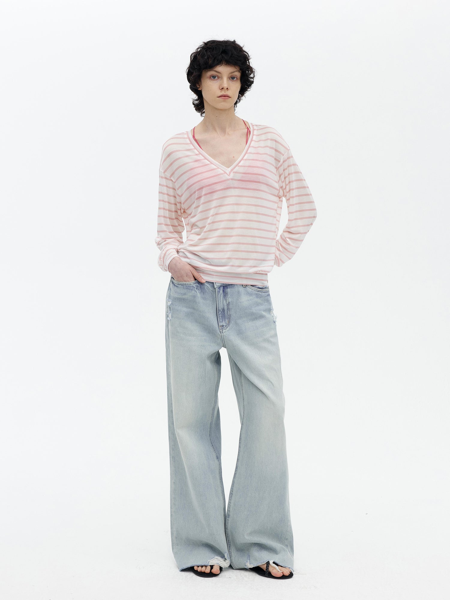 AFTADAWN Soft V-Neck Wool Blend Striped Top