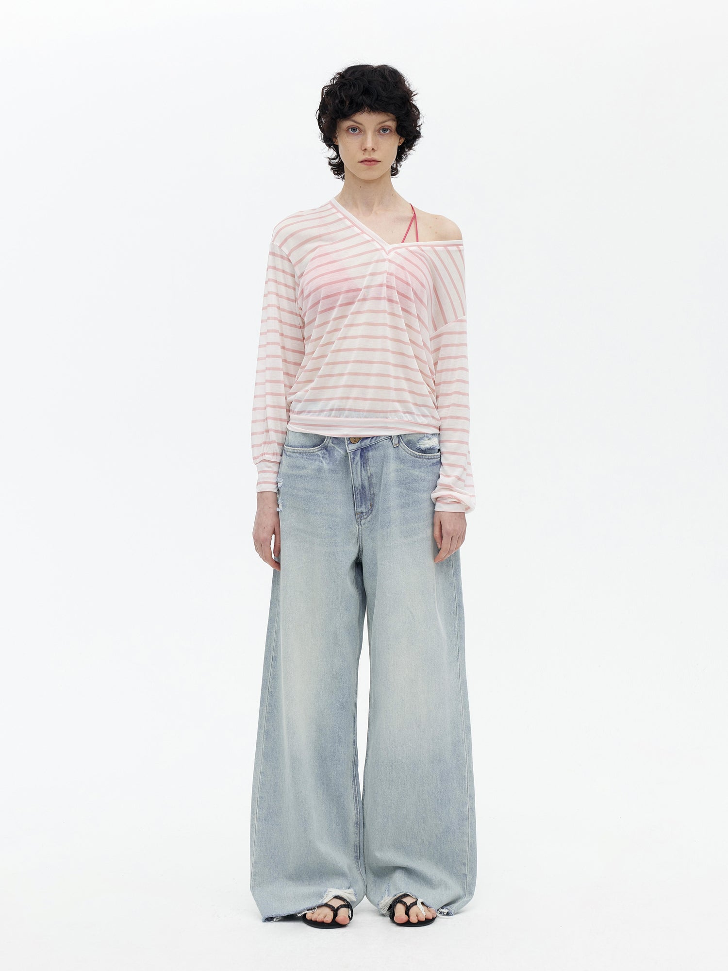 AFTADAWN Soft V-Neck Wool Blend Striped Top