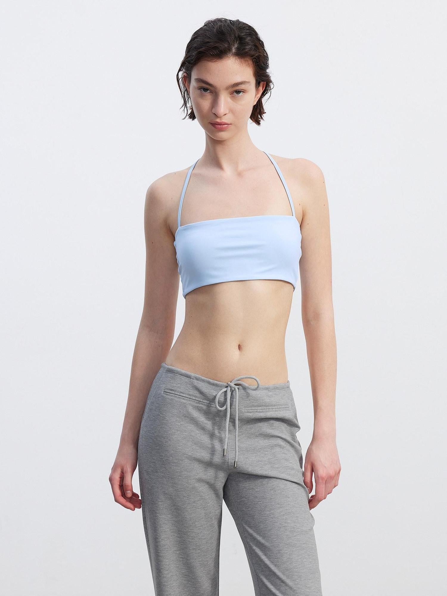 AFTADAWN Solid Cross Halter Open Back Removable Pad Cropped Women&