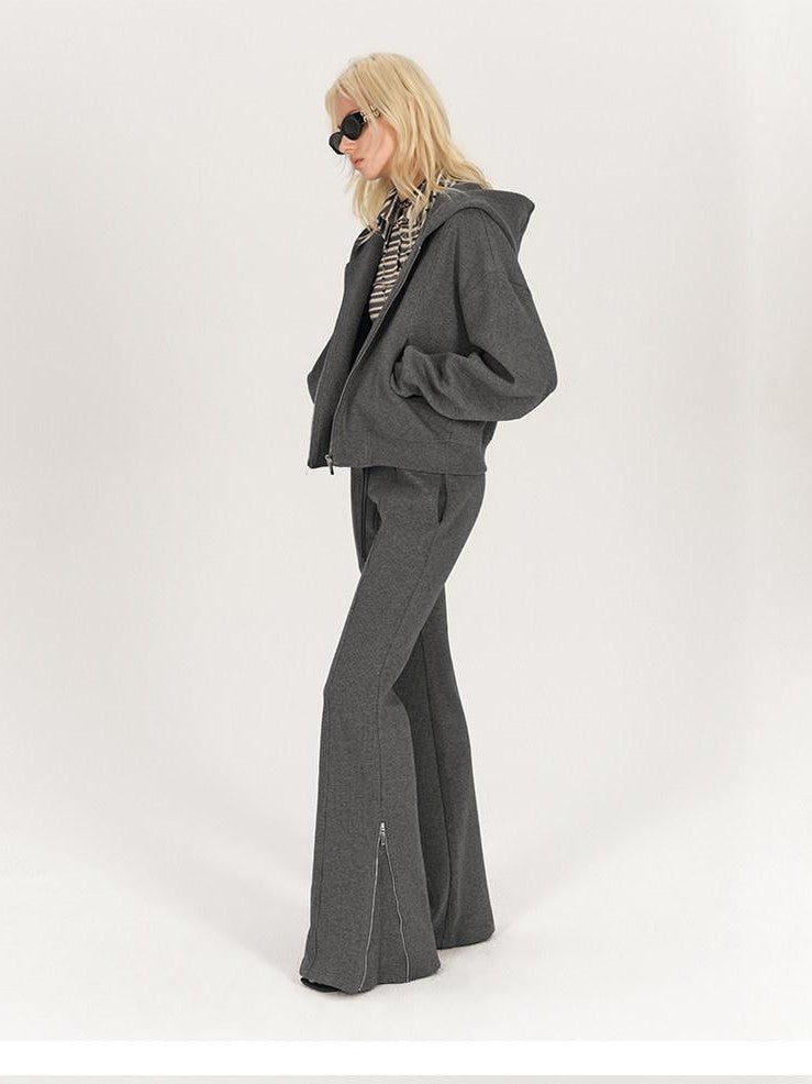 AFTADAWN Solid Hooded Zip Jacket Micro Flare Pants Women&