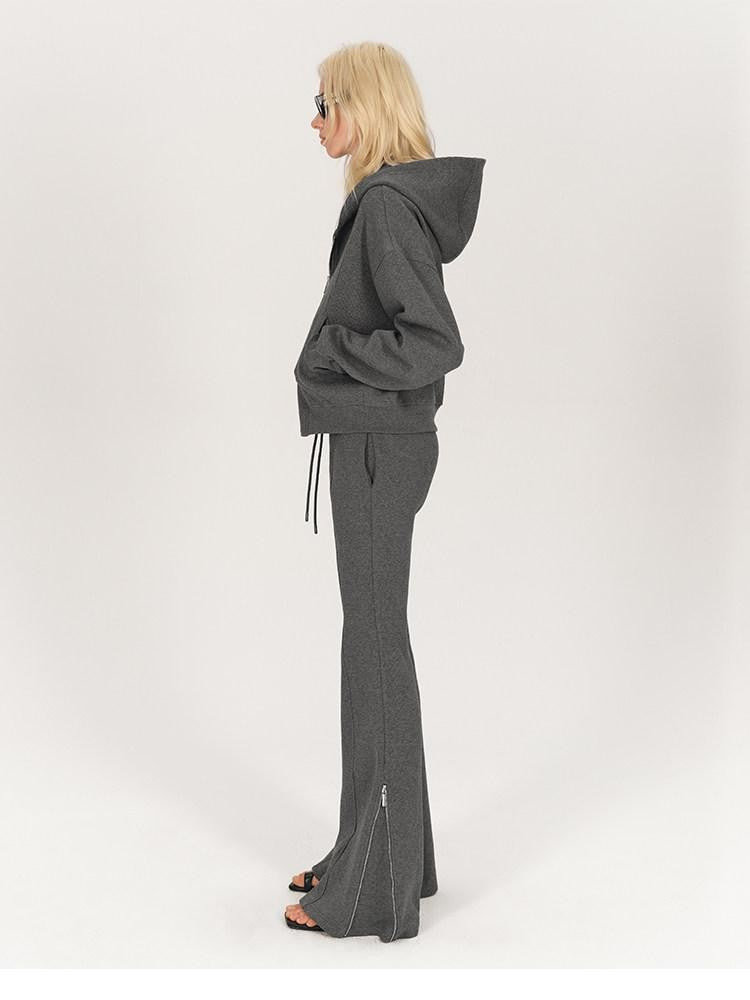AFTADAWN Solid Hooded Zip Jacket Micro Flare Pants Women&